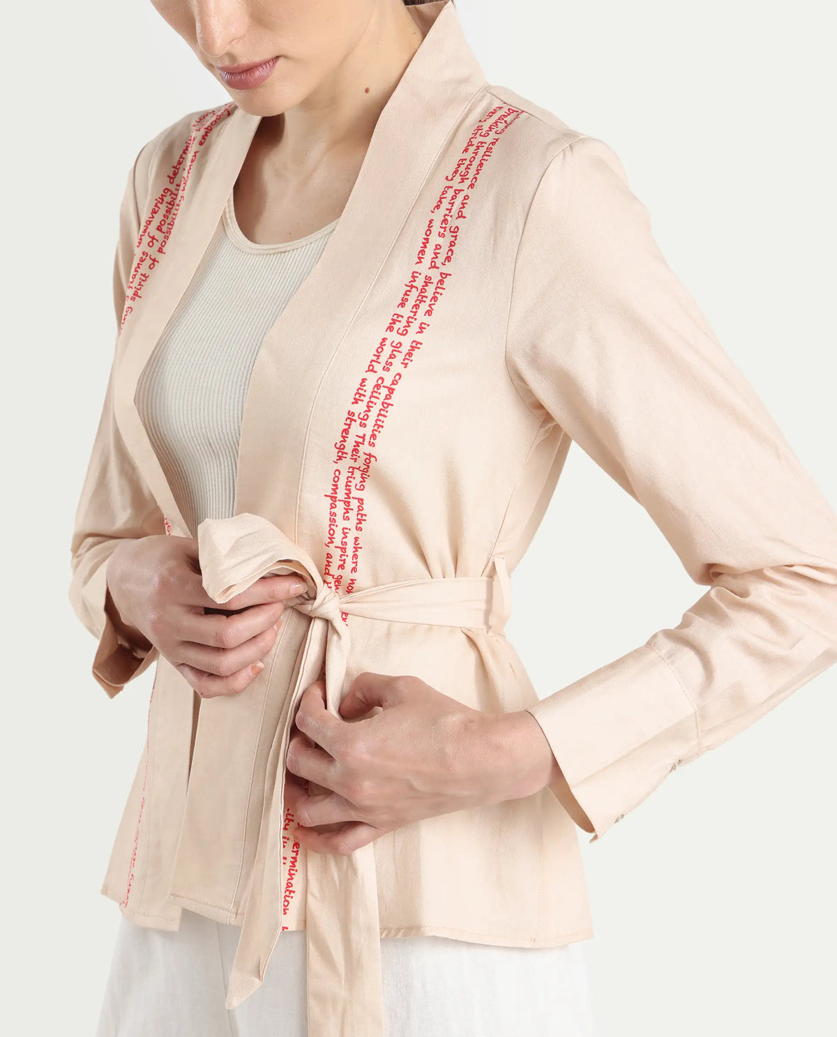 Rareism Women's Juinb Beige Cotton Shawl Collar Typography Print Cuffed Sleeve Regular Fit Top