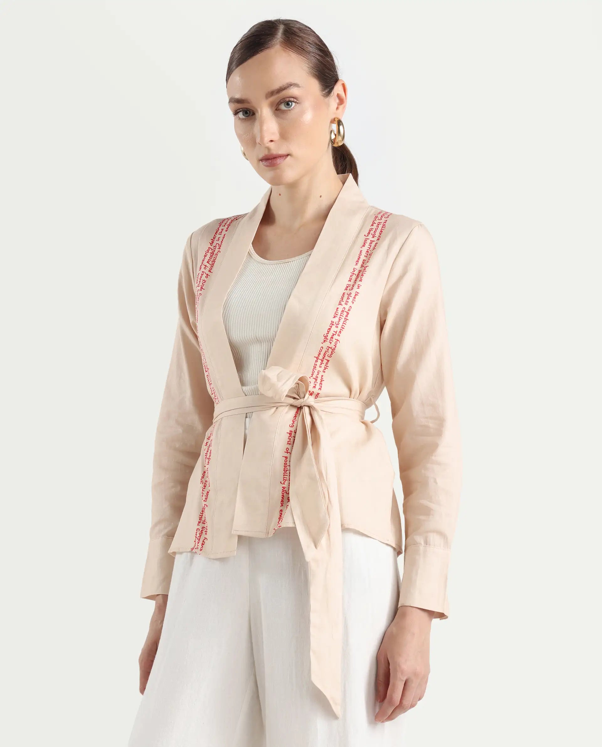 Rareism Women's Juinb Beige Cotton Shawl Collar Typography Print Cuffed Sleeve Regular Fit Top
