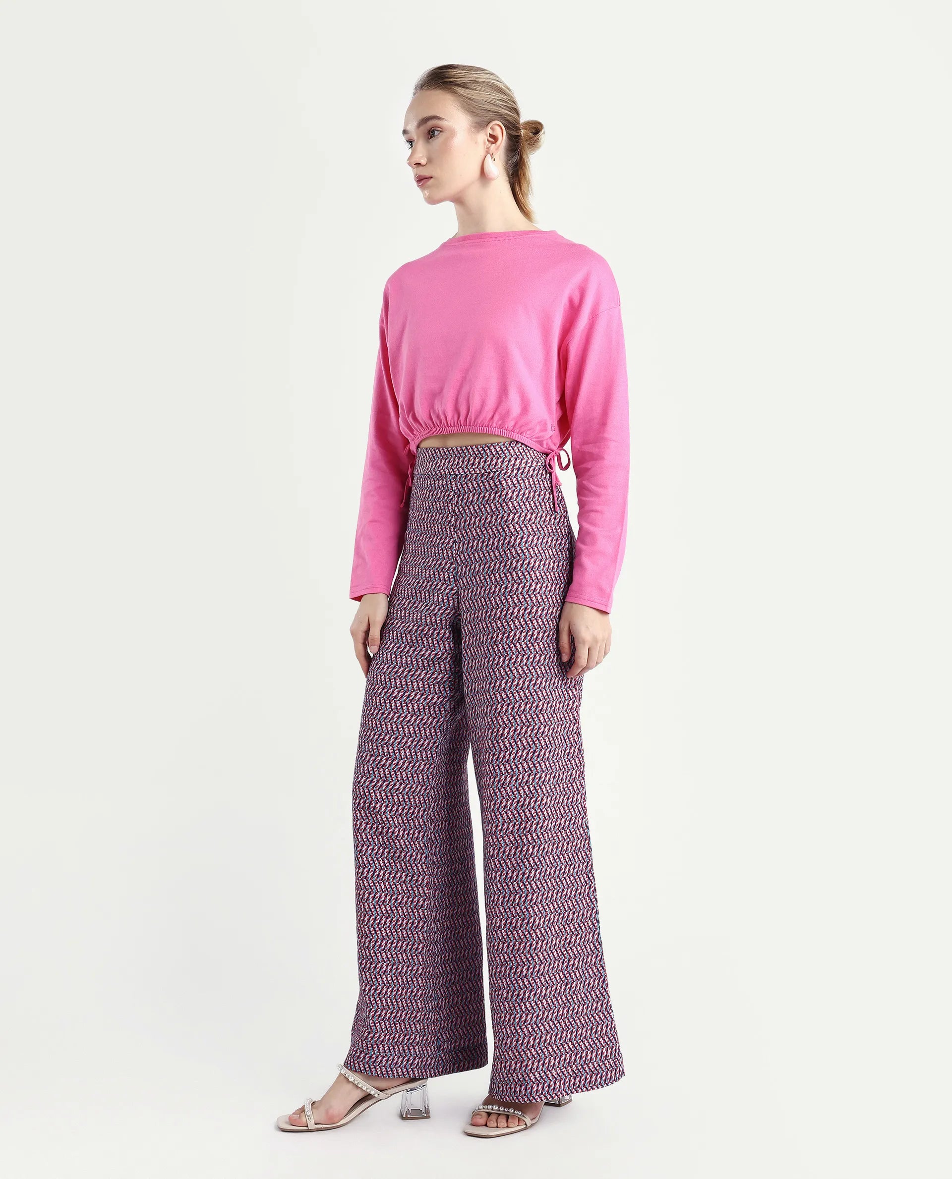 Rareism Women's Juin Dark Multi Cotton Blend Geometric Print Ankle Length Wide Leg Trouser