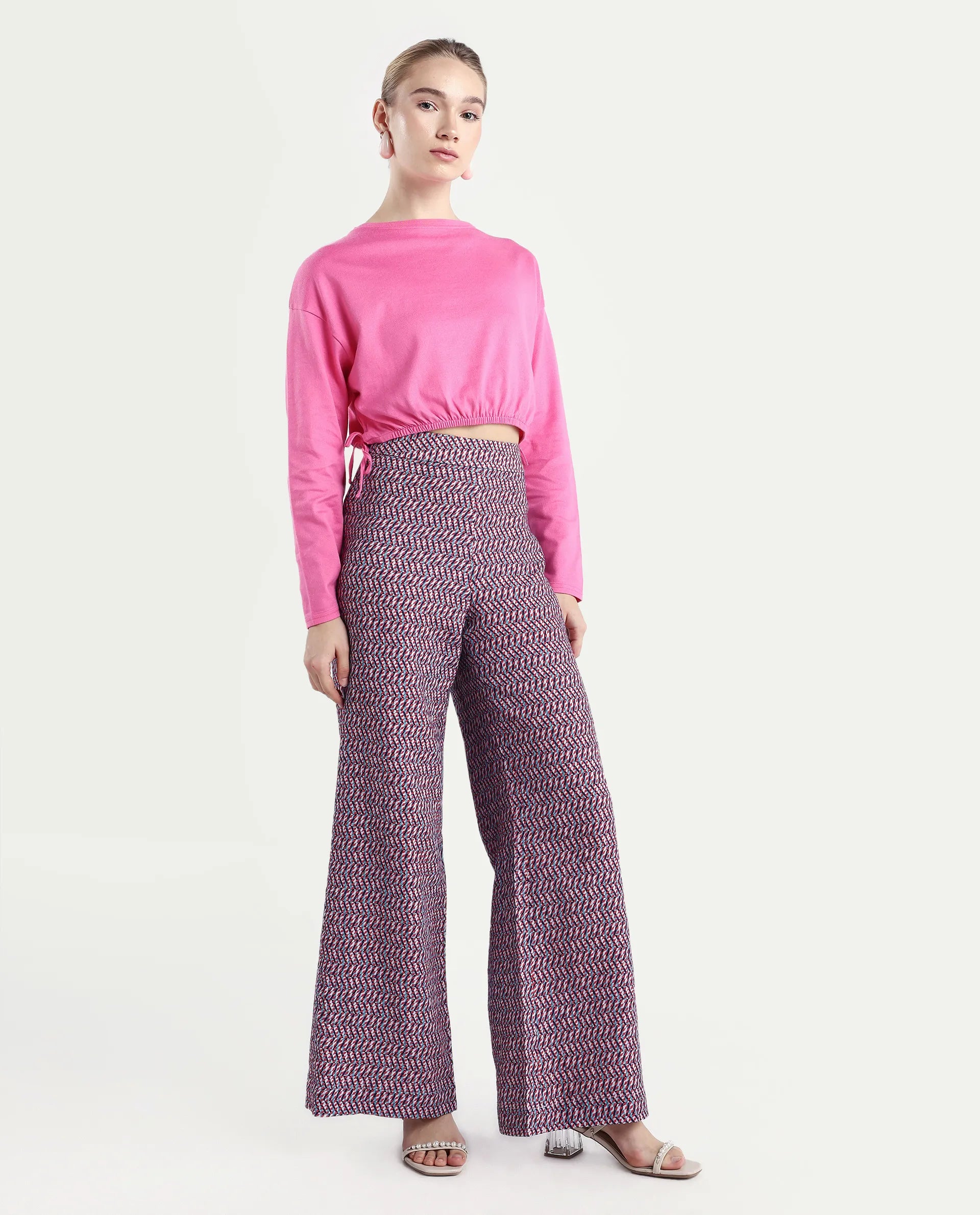 Rareism Women's Juin Dark Multi Cotton Blend Geometric Print Ankle Length Wide Leg Trouser
