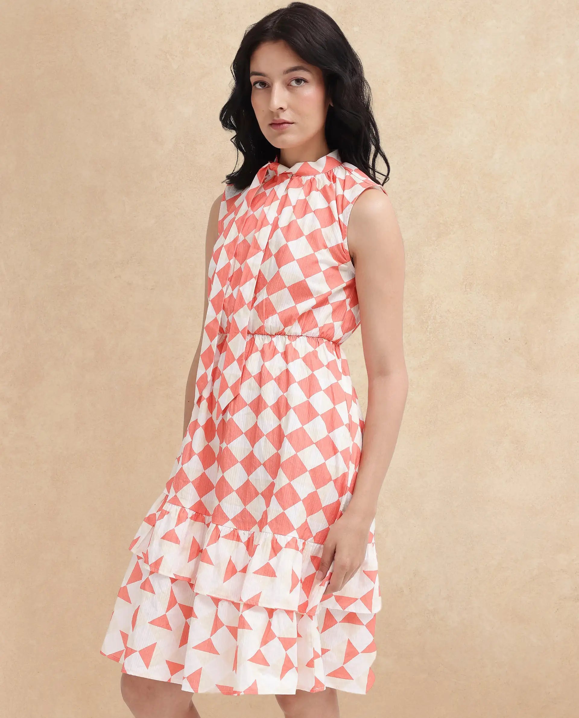 Rareism Women's Juite Multi Cotton Blend Tie-Up Neck Geometric Print Sleeveless Knee Length Fit And Flare Dress