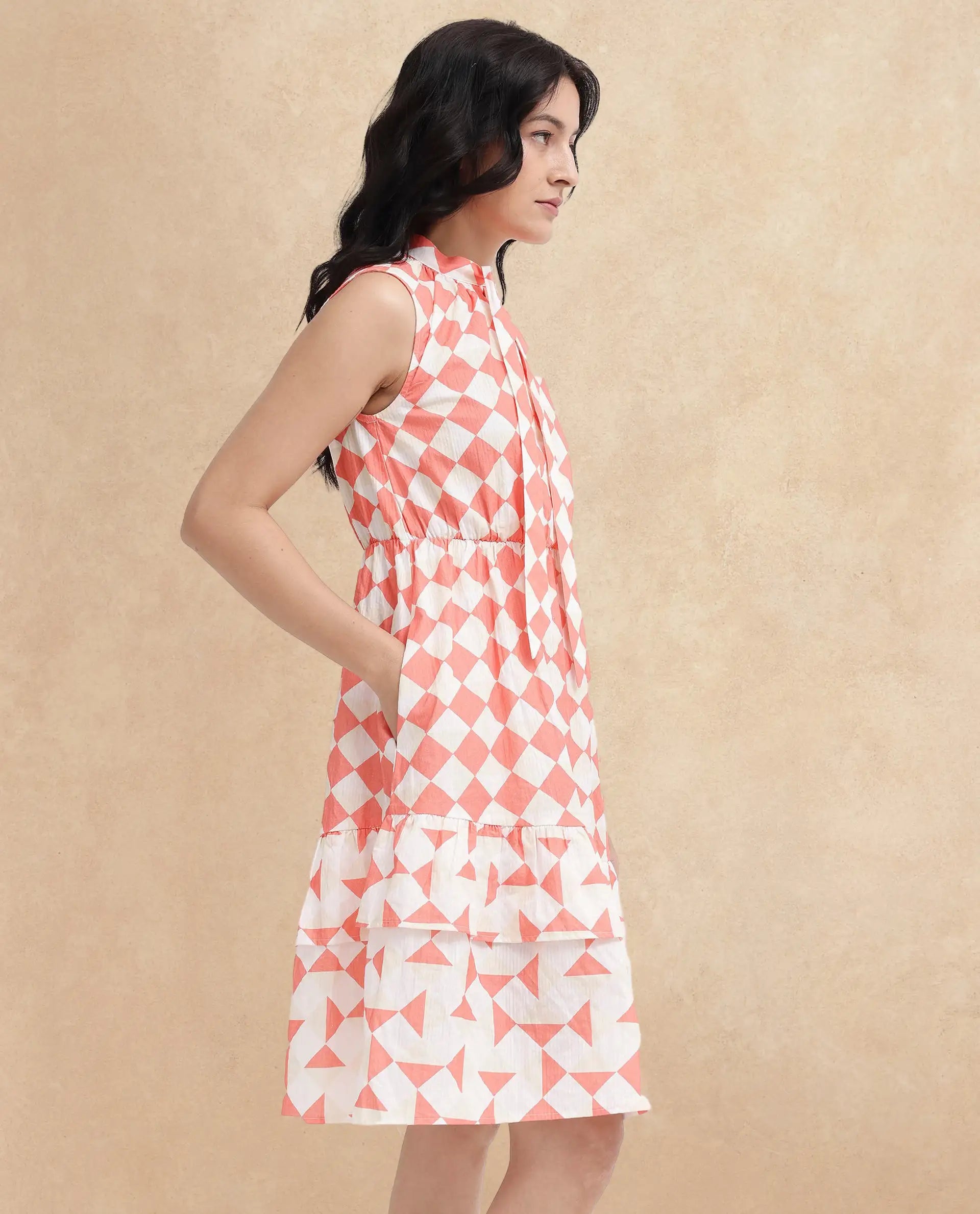 Rareism Women's Juite Multi Cotton Blend Tie-Up Neck Geometric Print Sleeveless Knee Length Fit And Flare Dress