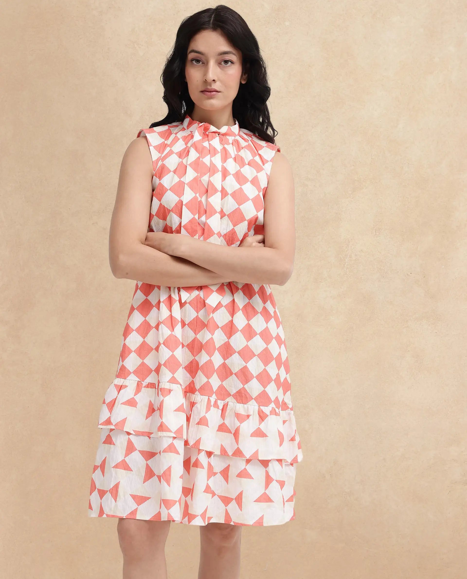 Rareism Women's Juite Multi Cotton Blend Tie-Up Neck Geometric Print Sleeveless Knee Length Fit And Flare Dress