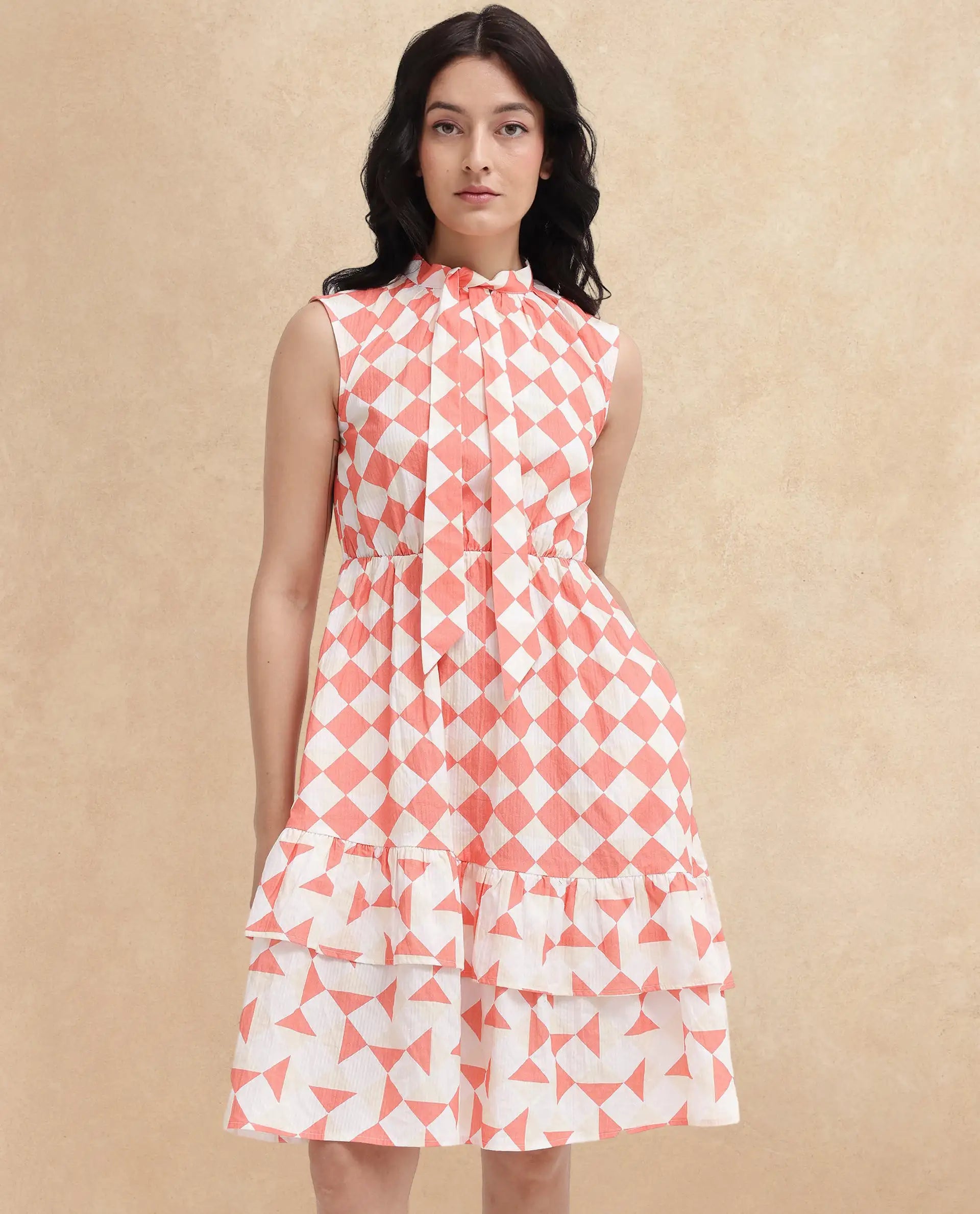 Rareism Women's Juite Multi Cotton Blend Tie-Up Neck Geometric Print Sleeveless Knee Length Fit And Flare Dress