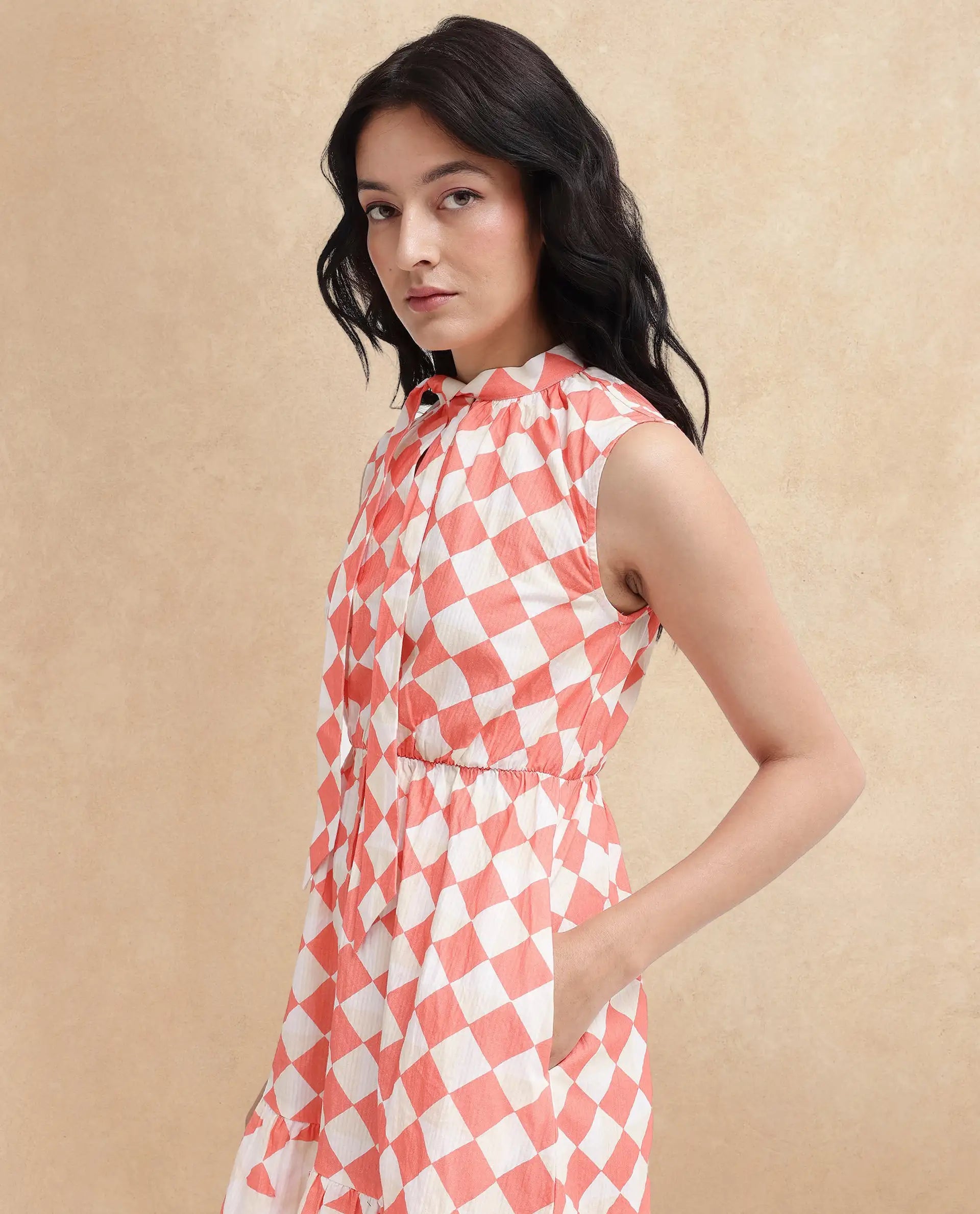 Rareism Women's Juite Multi Cotton Blend Tie-Up Neck Geometric Print Sleeveless Knee Length Fit And Flare Dress