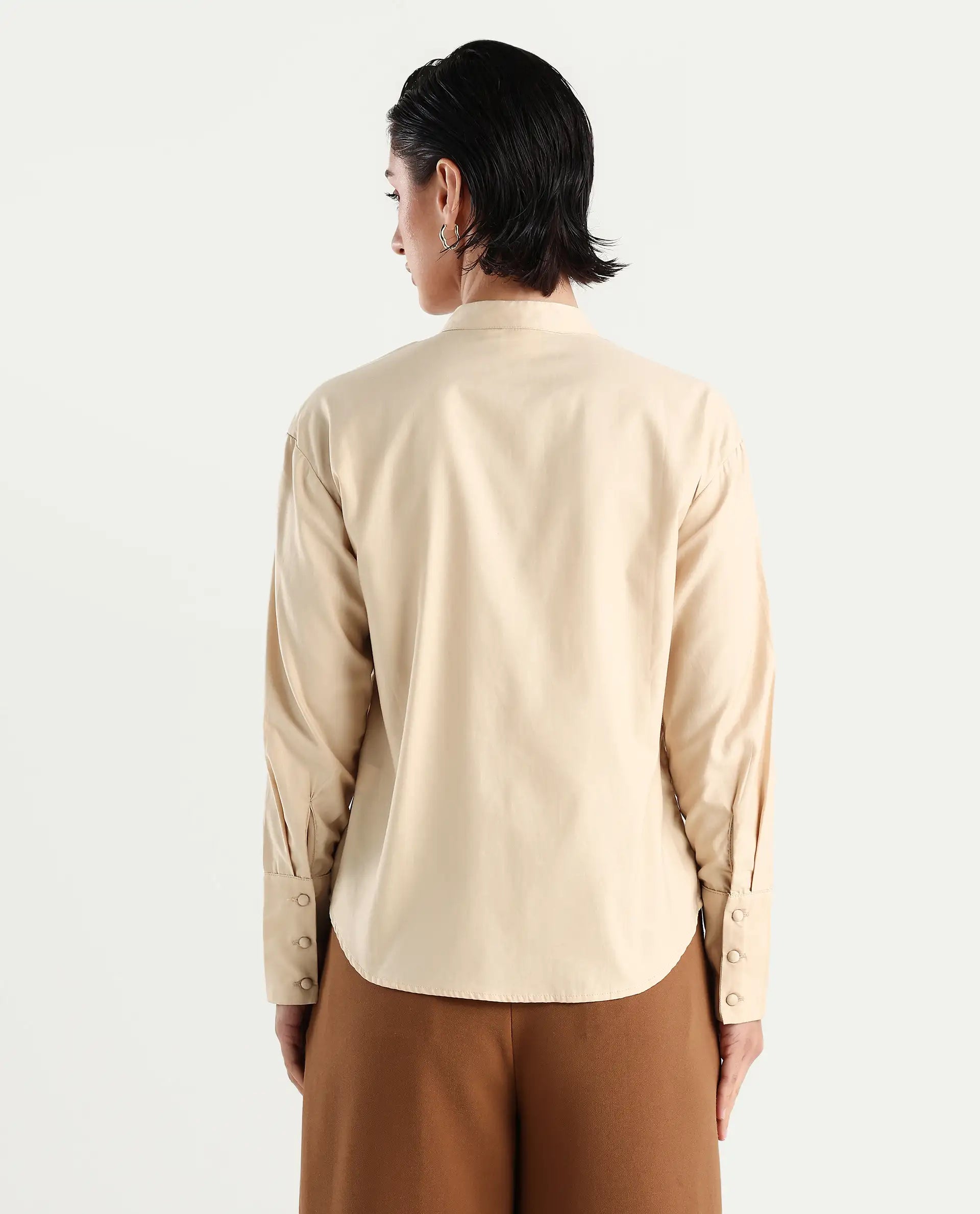 Rareism Women's Jujo Beige Cotton Blend Mandarin Collar Plain Cuffed Sleeve Regular Fit Shirt