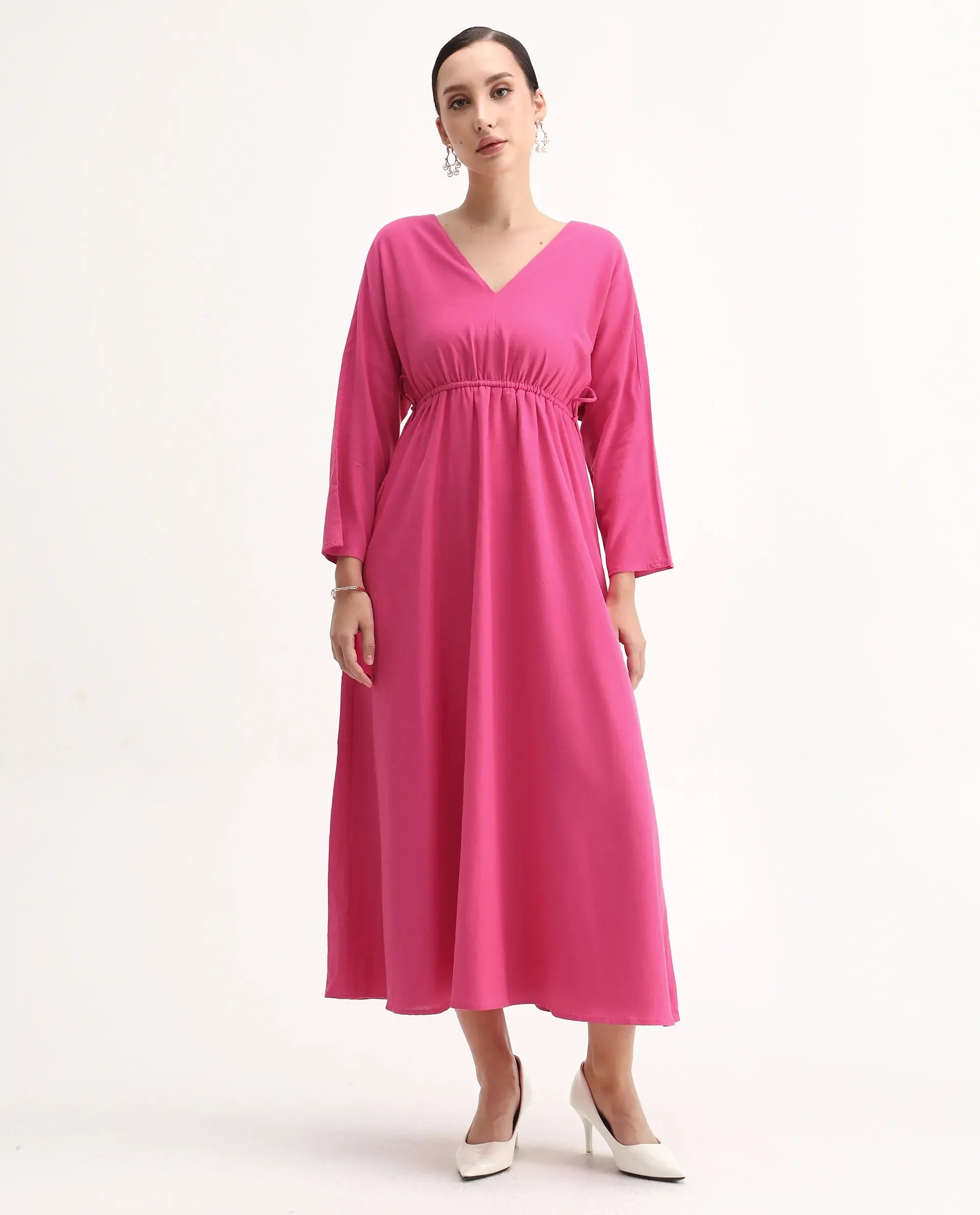 Rareism Women's Julan Pink Viscose Blend Kimono Sleeve V-Neck Fit And Flare Fit Plain Dress