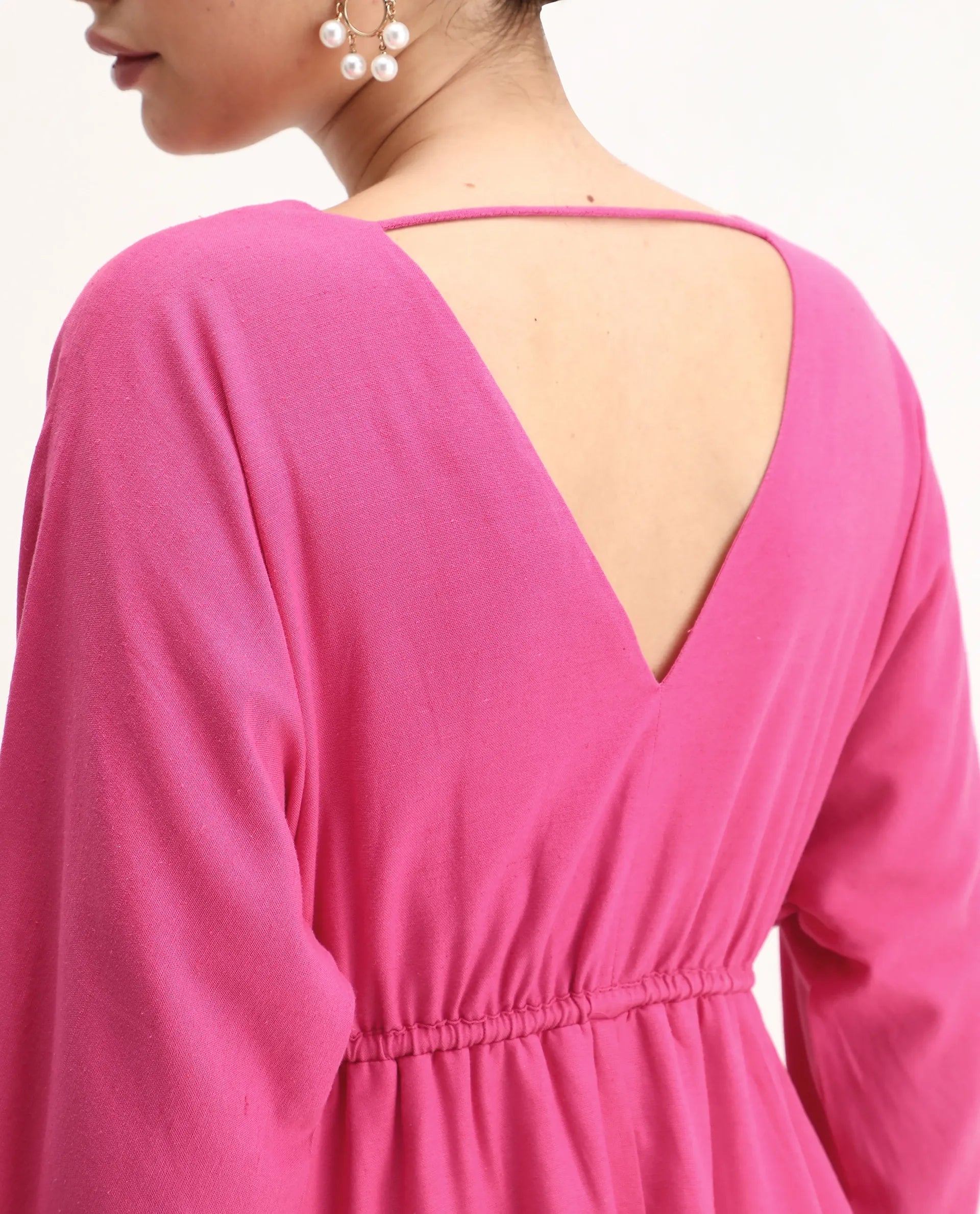 Rareism Women's Julan Pink Viscose Blend Kimono Sleeve V-Neck Fit And Flare Fit Plain Dress