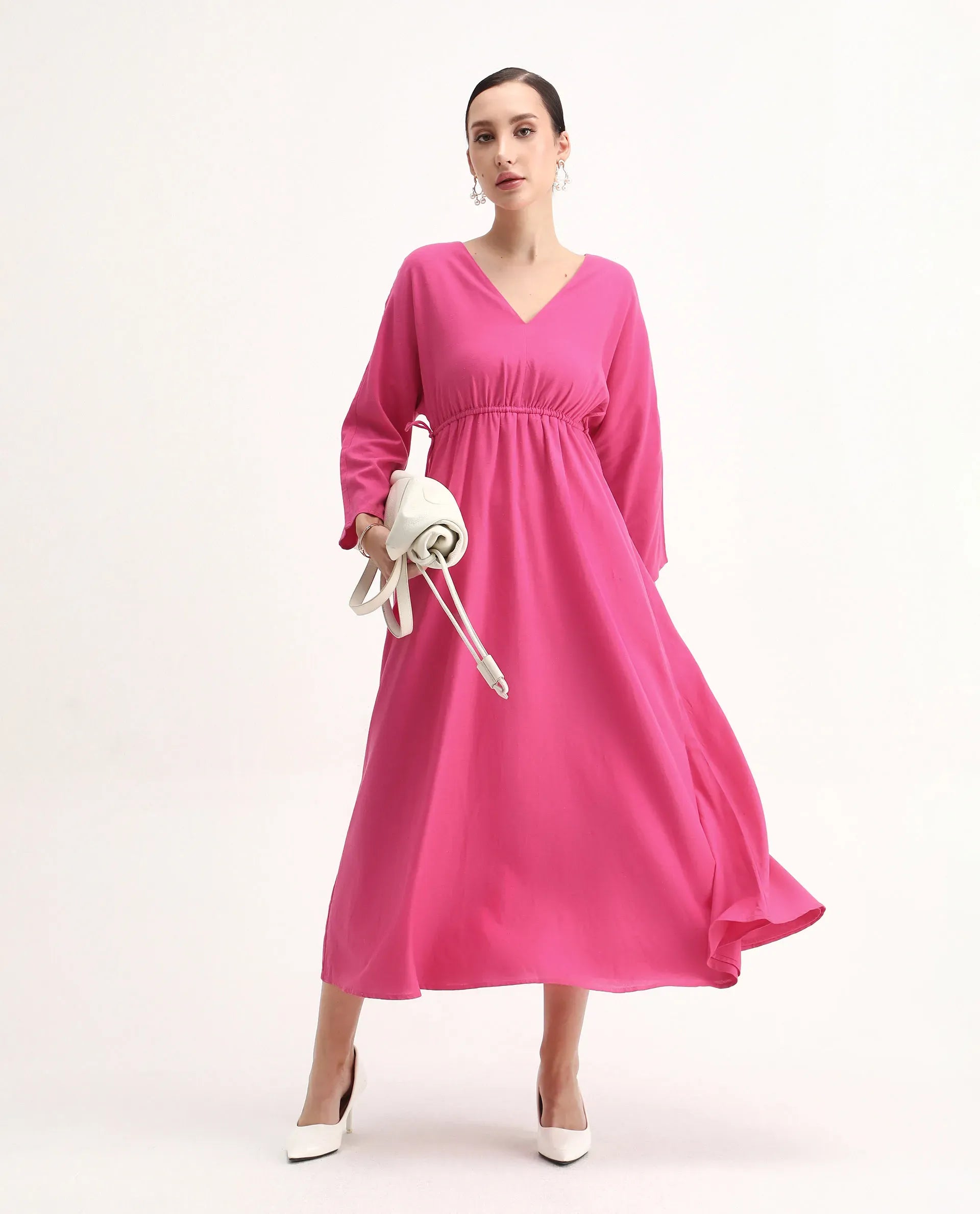 Rareism Women's Julan Pink Viscose Blend Kimono Sleeve V-Neck Fit And Flare Fit Plain Dress