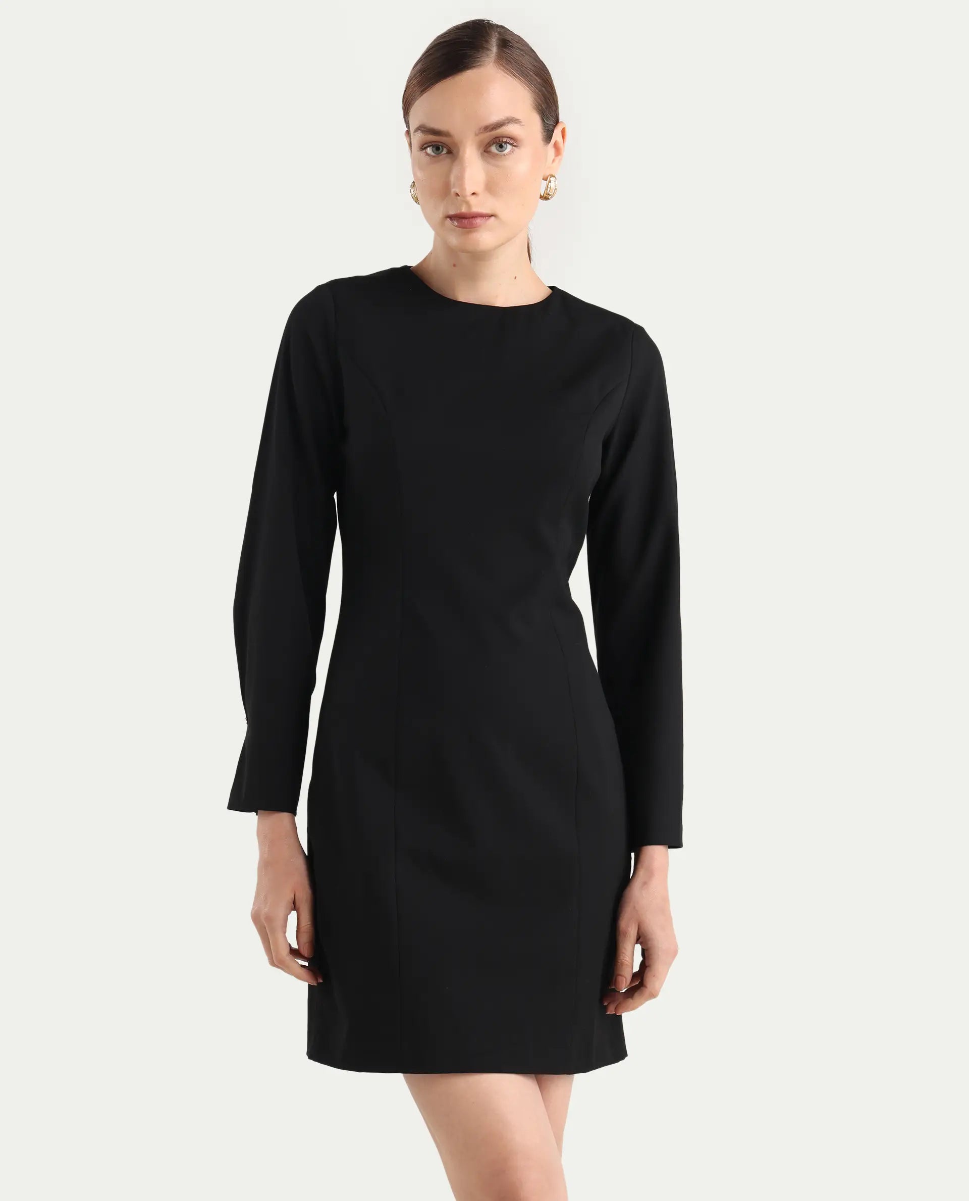 Rareism Women Juna Black Polyester Blend Solid Fitted Dress