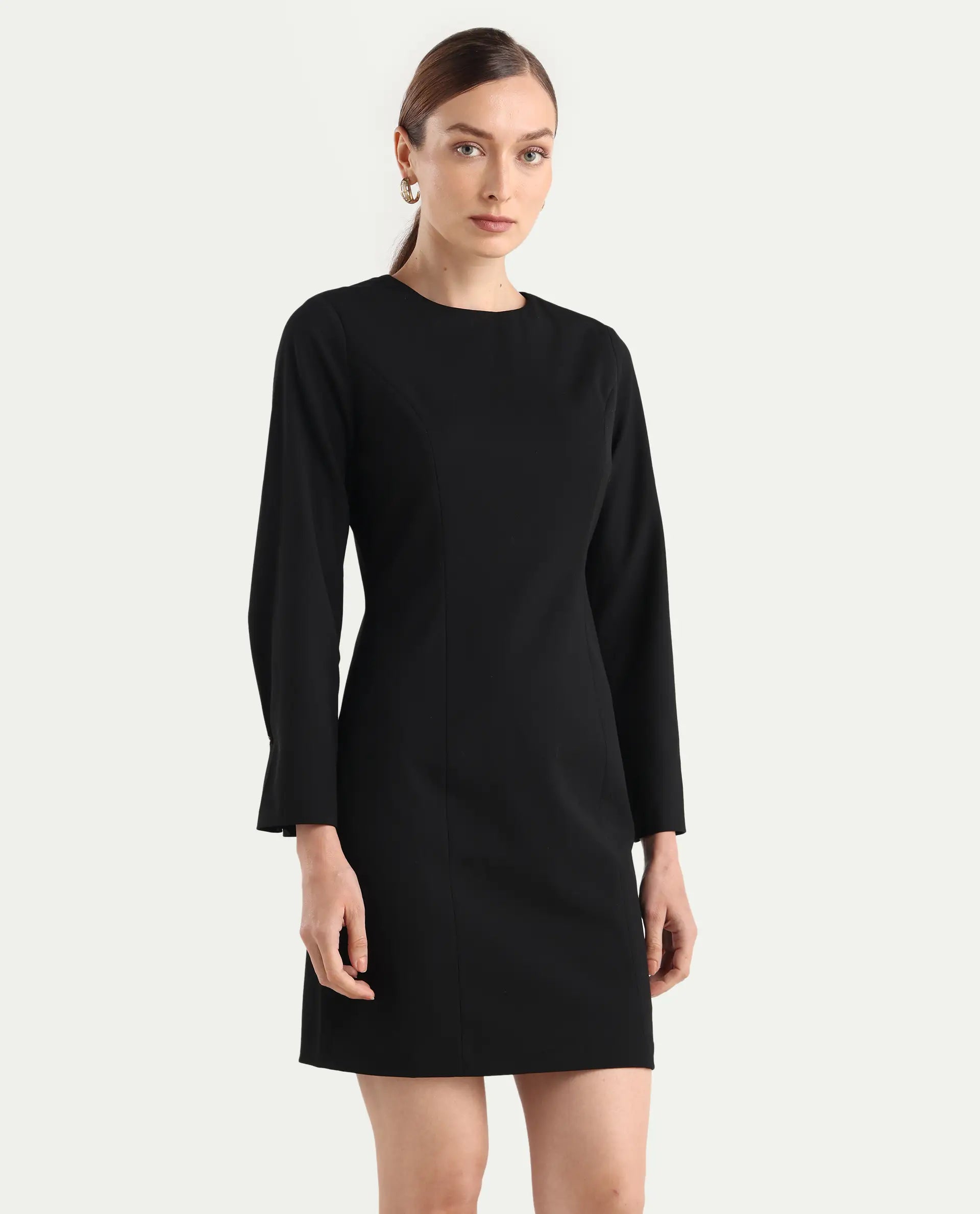 Rareism Women Juna Black Polyester Blend Solid Fitted Dress