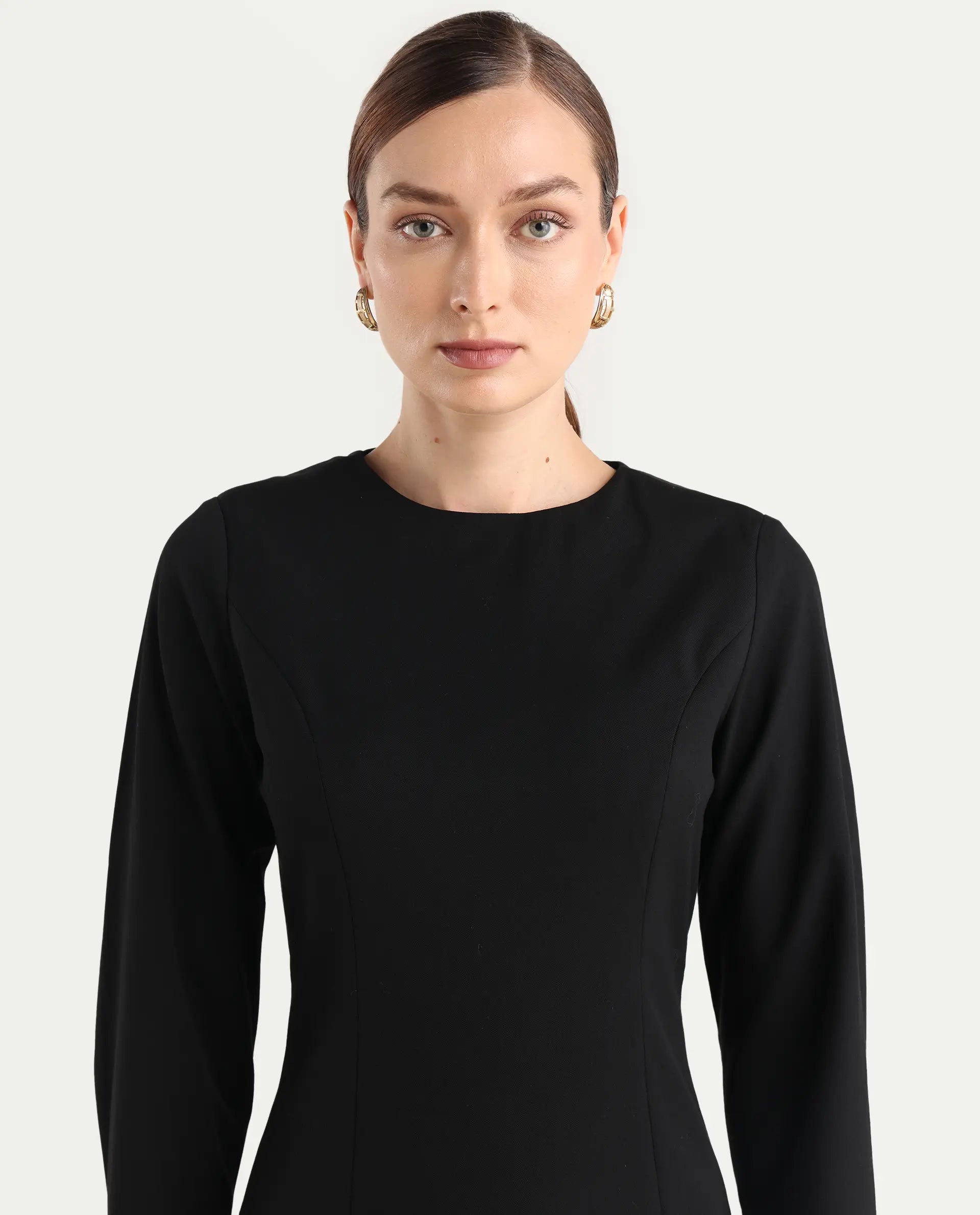 Rareism Women Juna Black Polyester Blend Solid Fitted Dress
