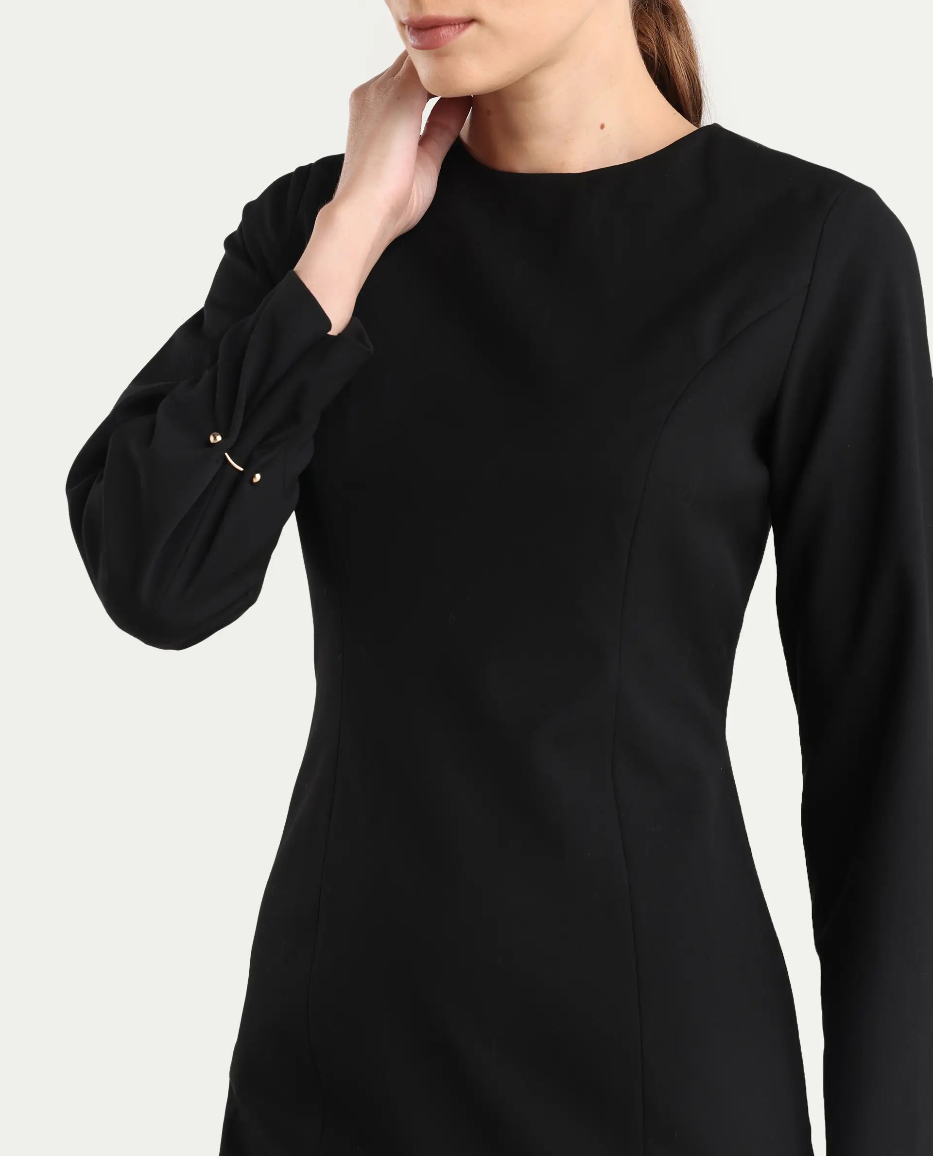 Rareism Women Juna Black Polyester Blend Solid Fitted Dress