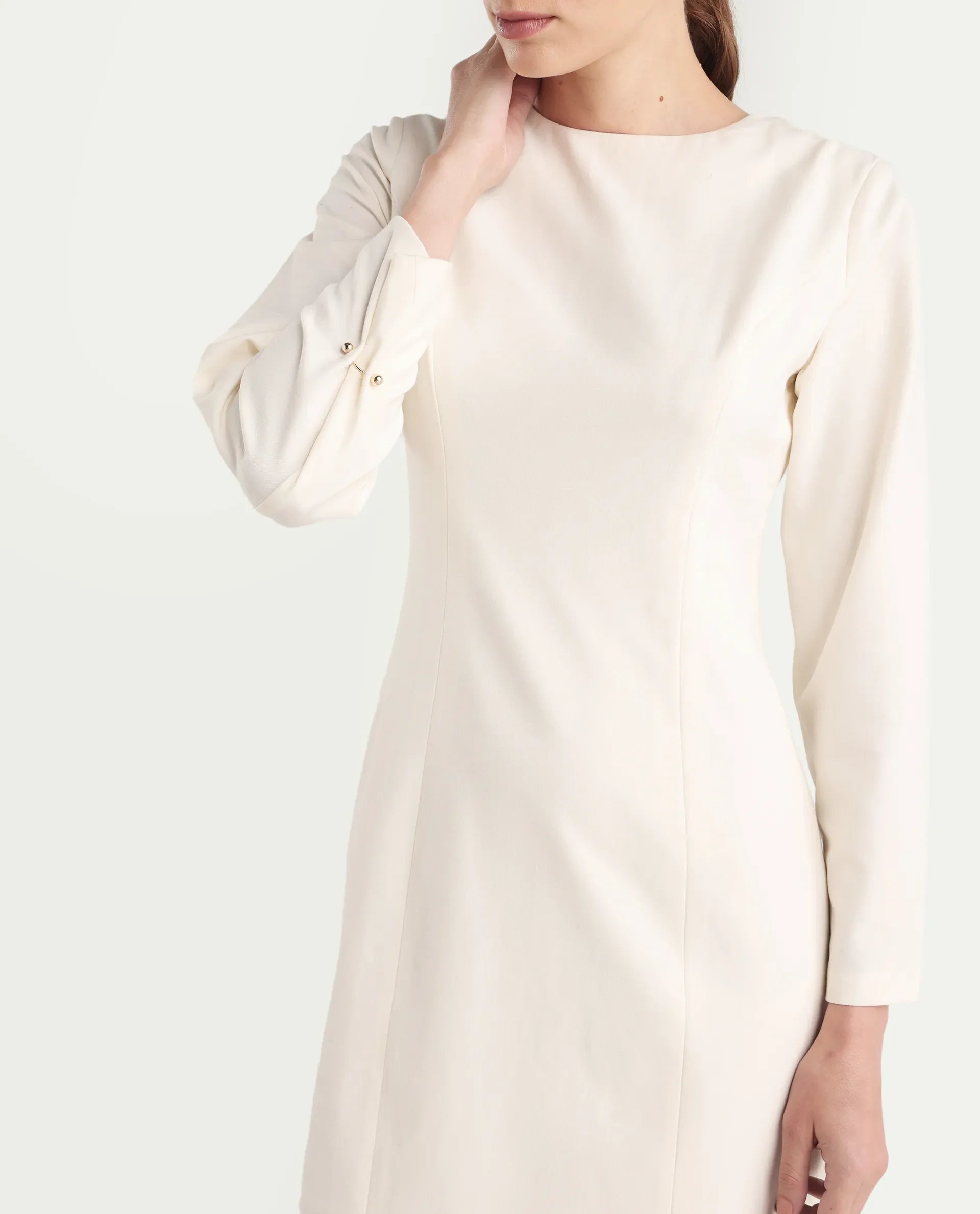 Rareism Women's Juna Off White Polyester Blend Full Sleeve Crew Neck Fitted Dress