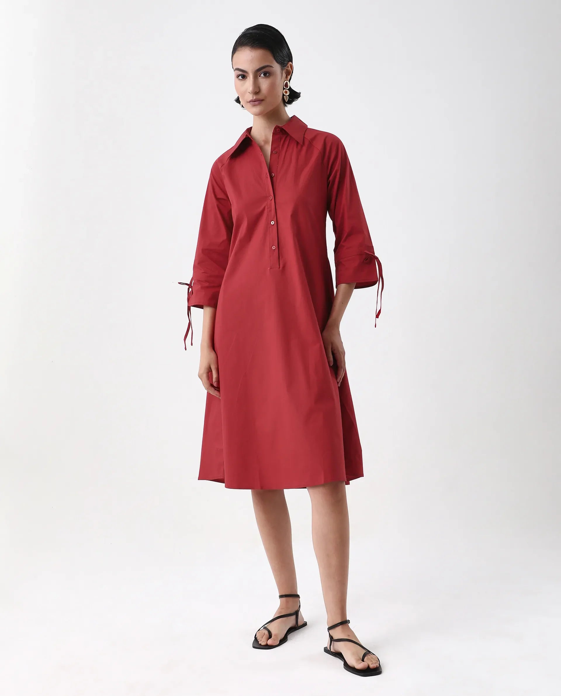 Rareism Women's Junb Dark Rust Cotton Blend Drop Collar Plain Raglan Sleeve Knee Length A-Line Dress