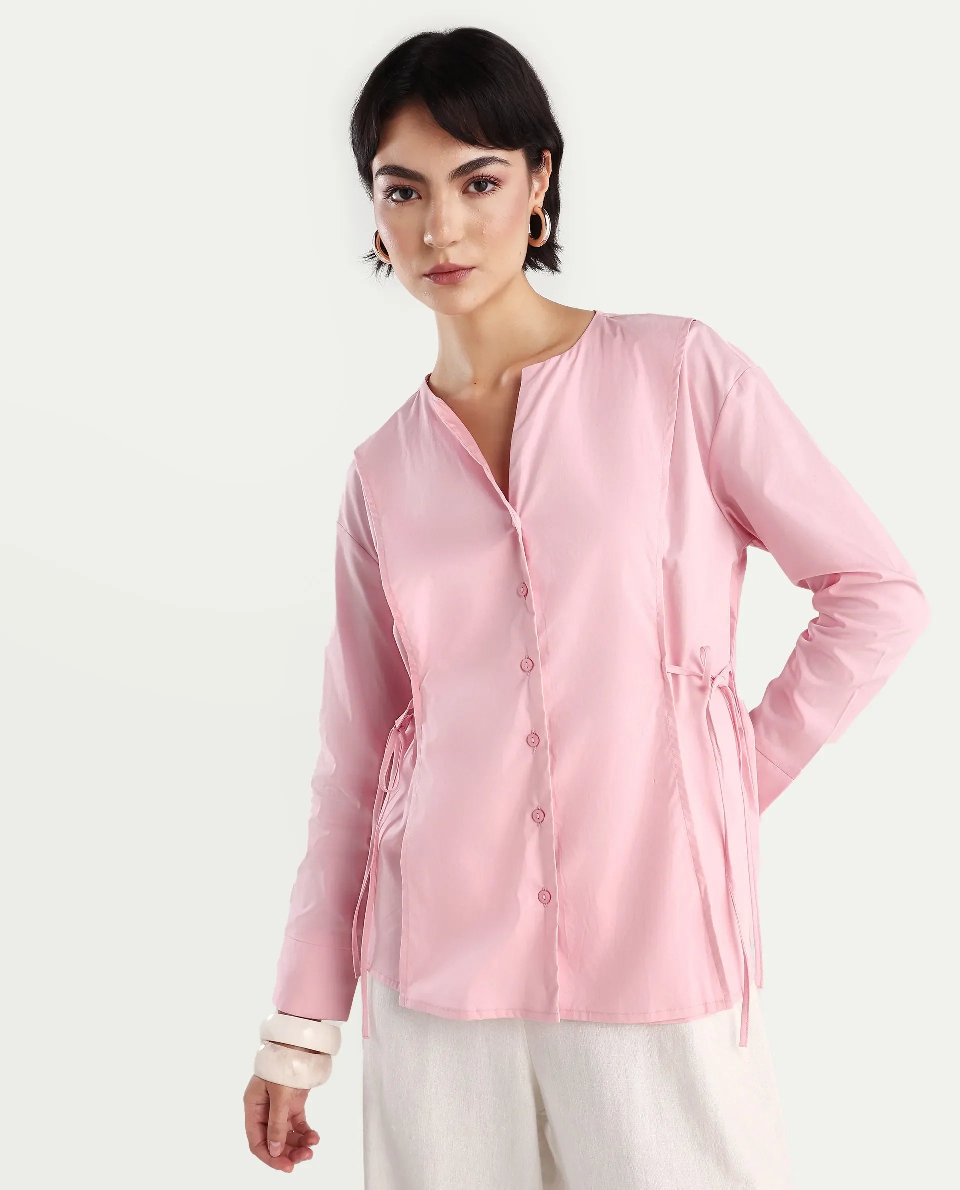 Rareism Women's Juniv Light Pink Cotton Blend Crew Neck Plain Cuffed Sleeve Regular Fit Top