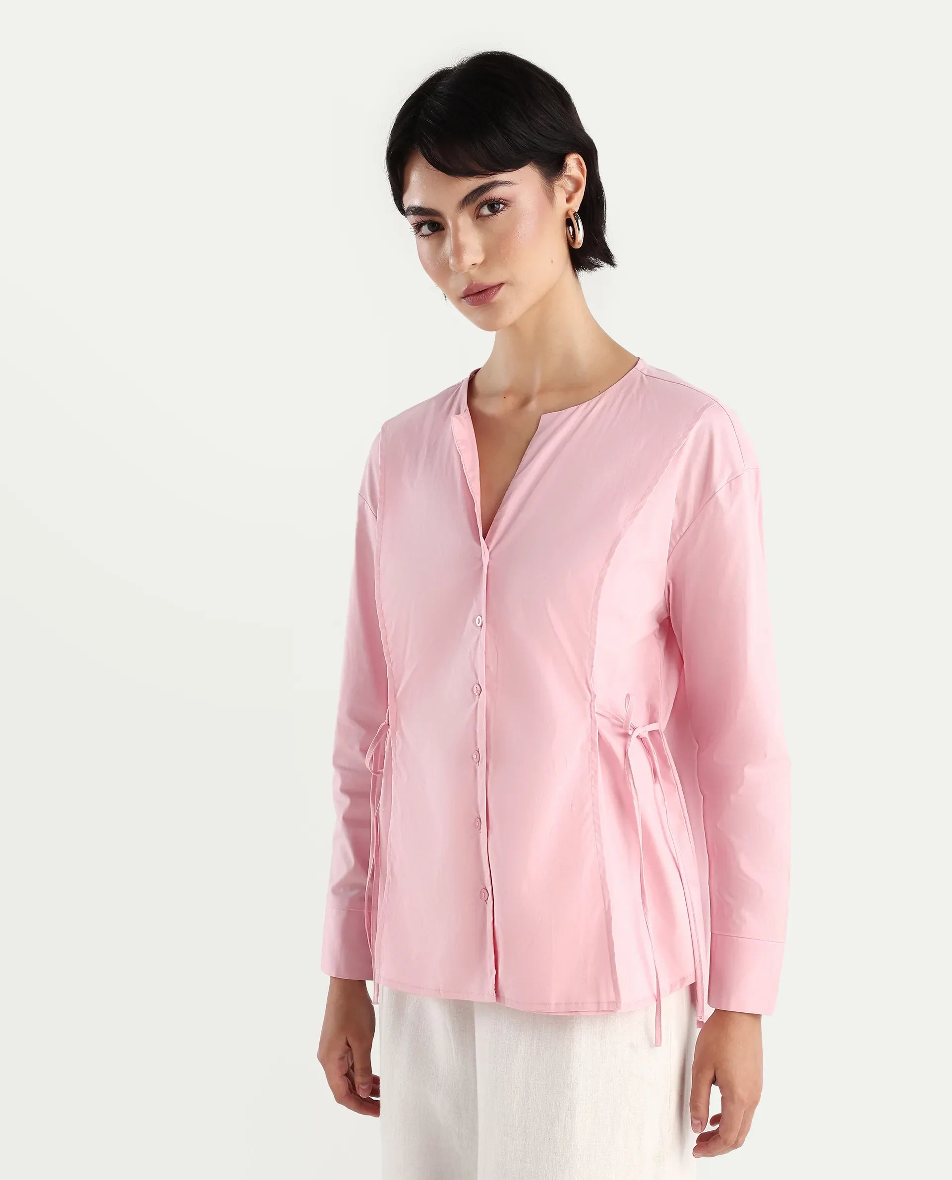 Rareism Women's Juniv Light Pink Cotton Blend Crew Neck Plain Cuffed Sleeve Regular Fit Top