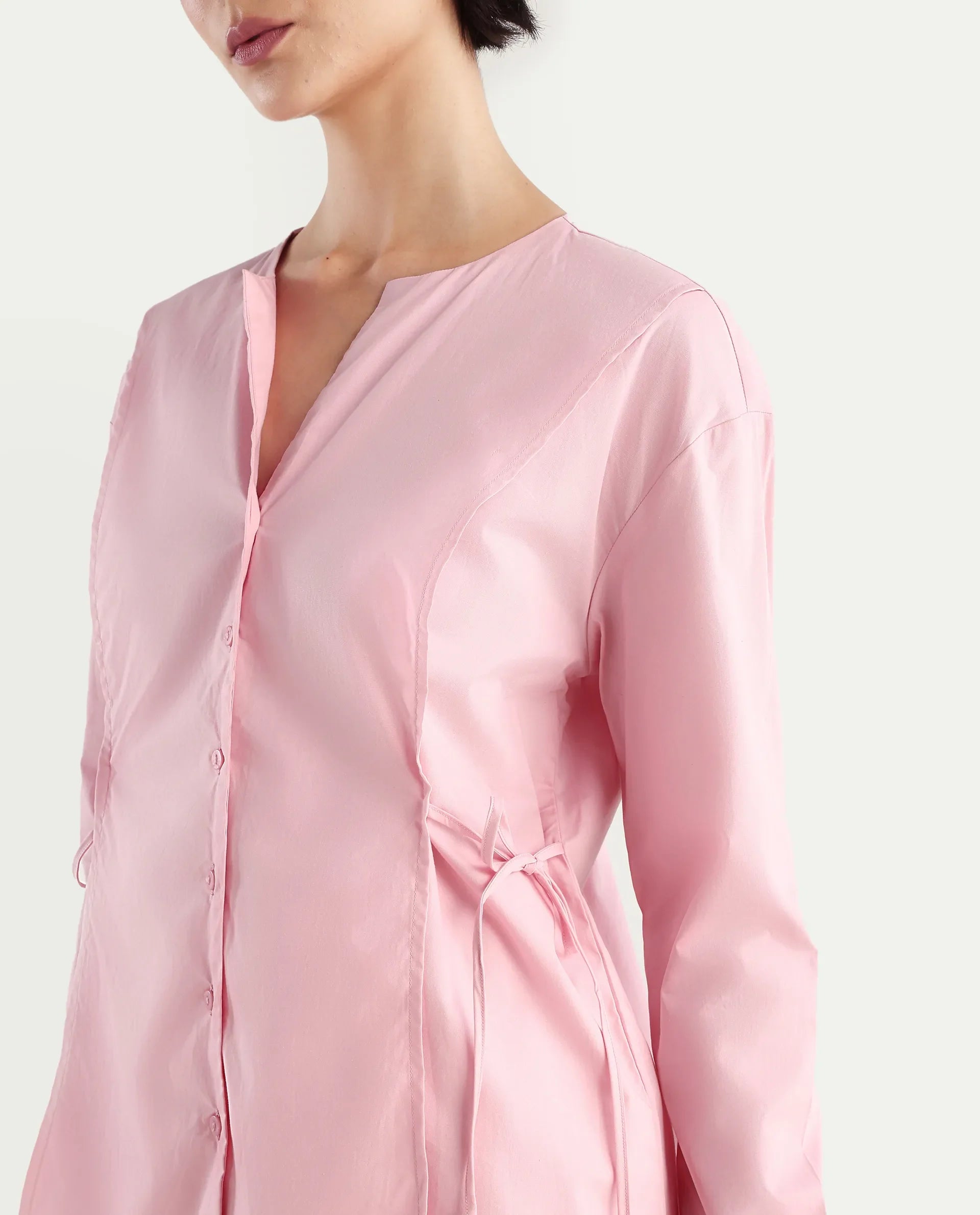 Rareism Women's Juniv Light Pink Cotton Blend Crew Neck Plain Cuffed Sleeve Regular Fit Top