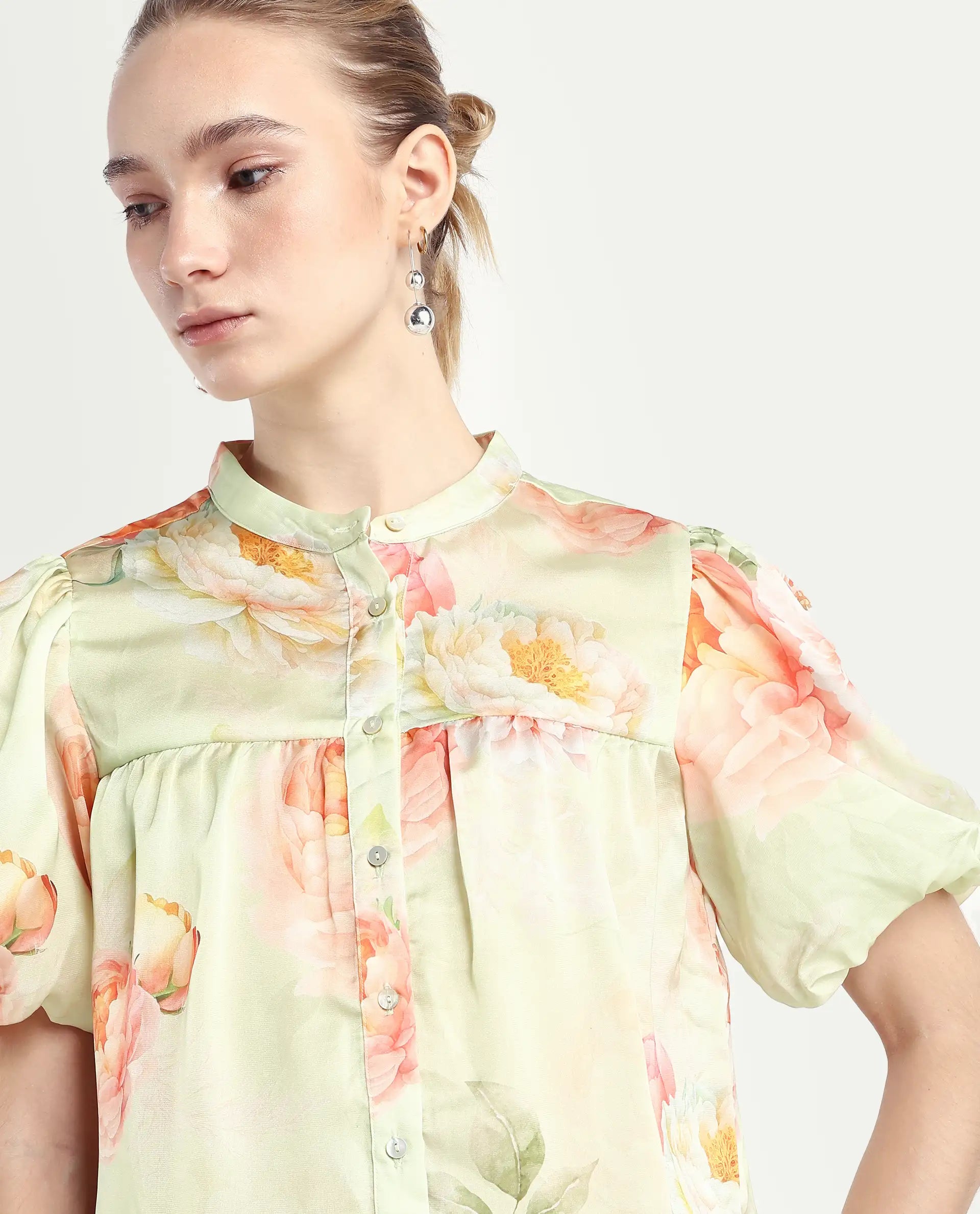 Rareism Women's Jurino Light Green Polyester Mandarin Collar Floral Print Balloon Sleeve Regular Fit Top