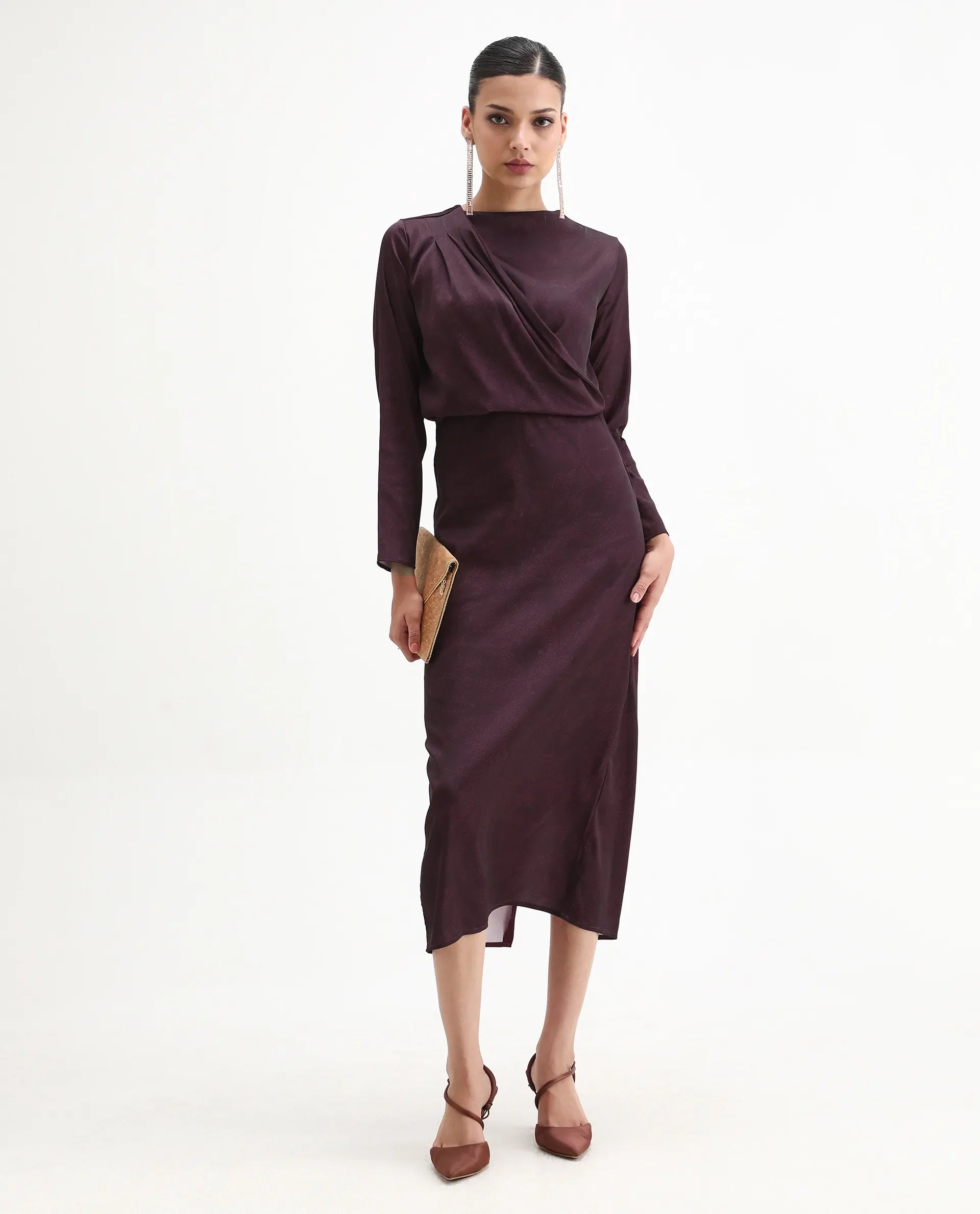 Rareism Women's Jusat Maroon Polyester Cowl Neck Straight Fit Dress