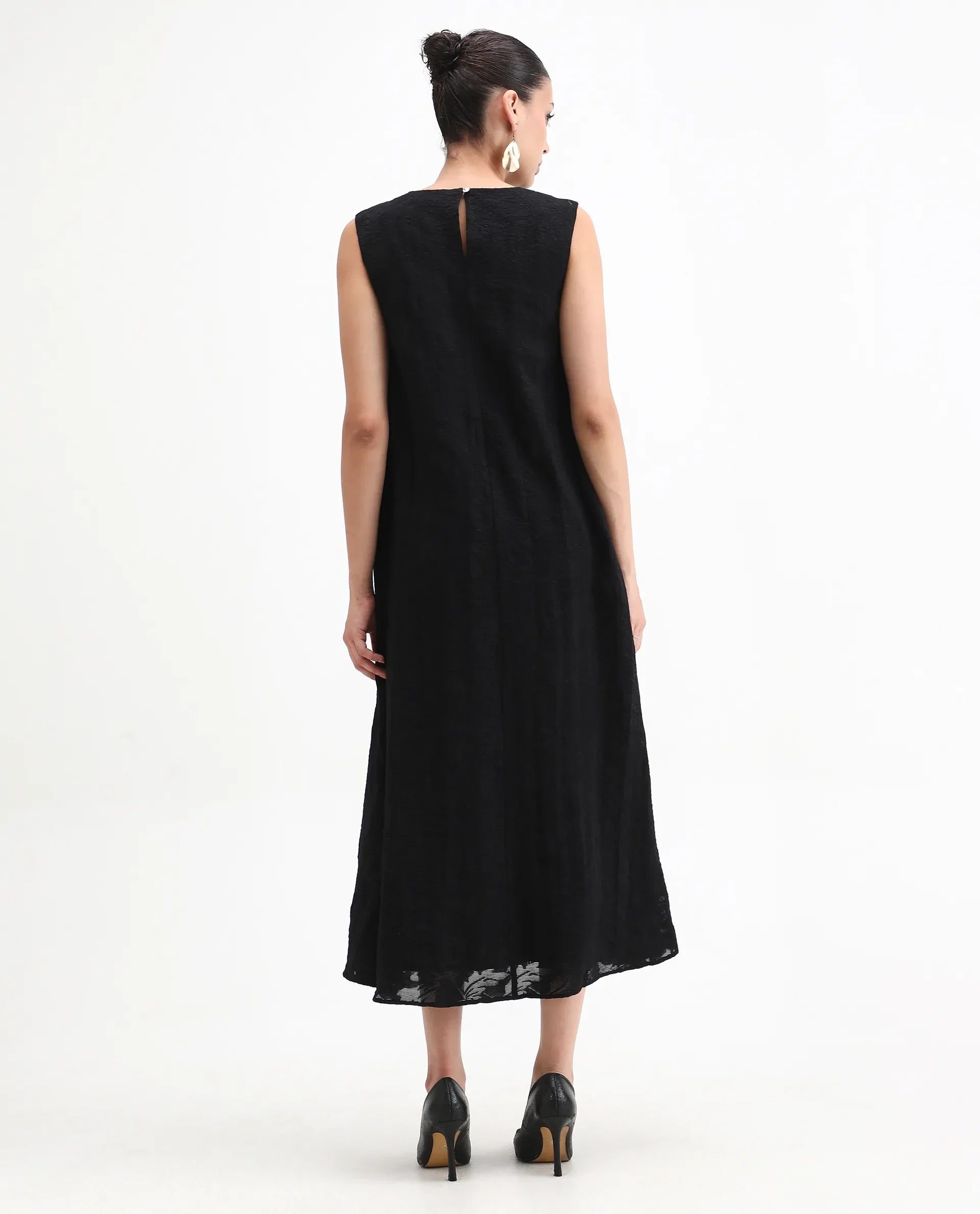 Rareism Women's Juten Black Nylon Blend Sleeveless Crew Neck Flared Fit Plain Dress