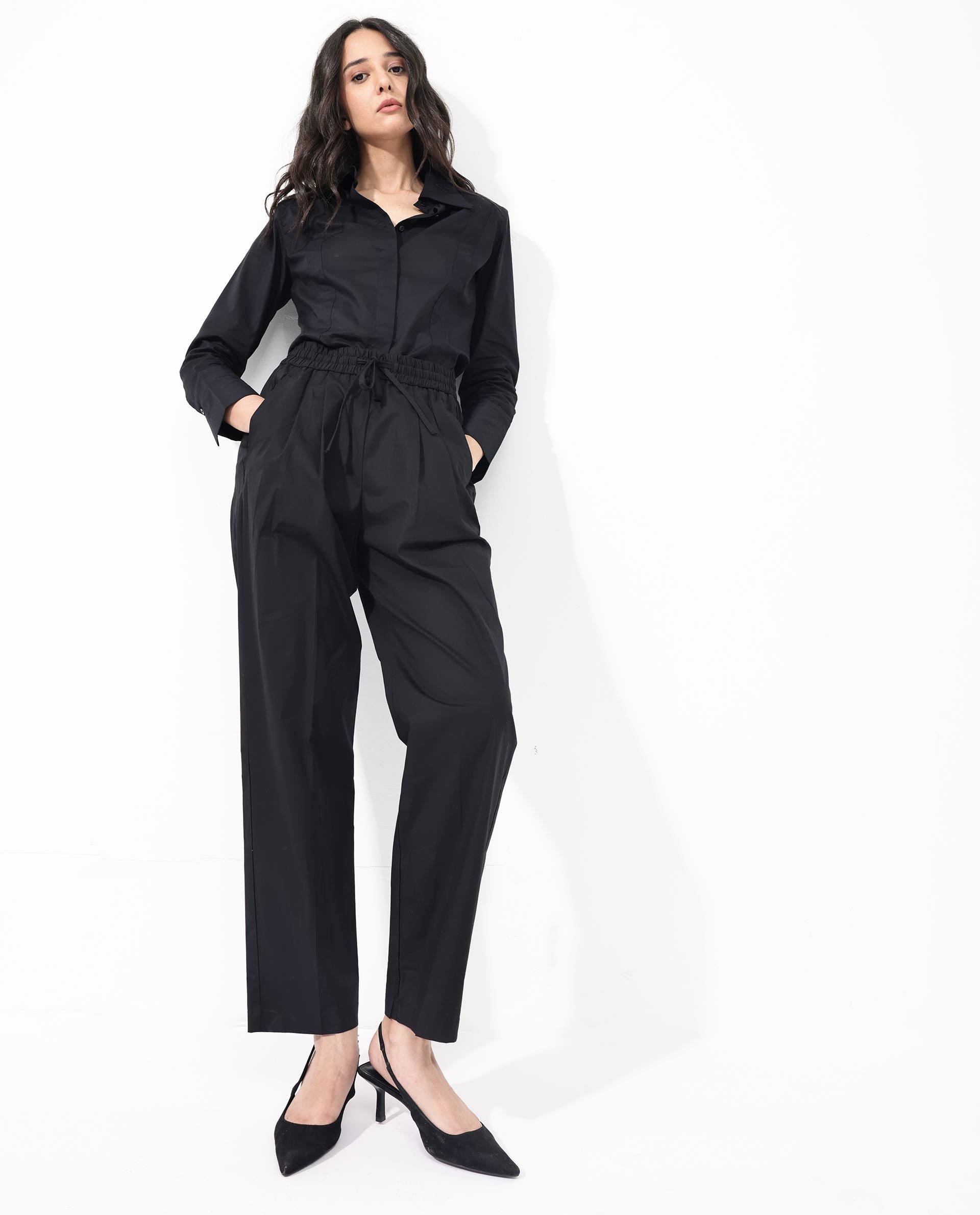 Rareism Women's Juven Black Cotton Plain Ankle Length Tapered Trouser