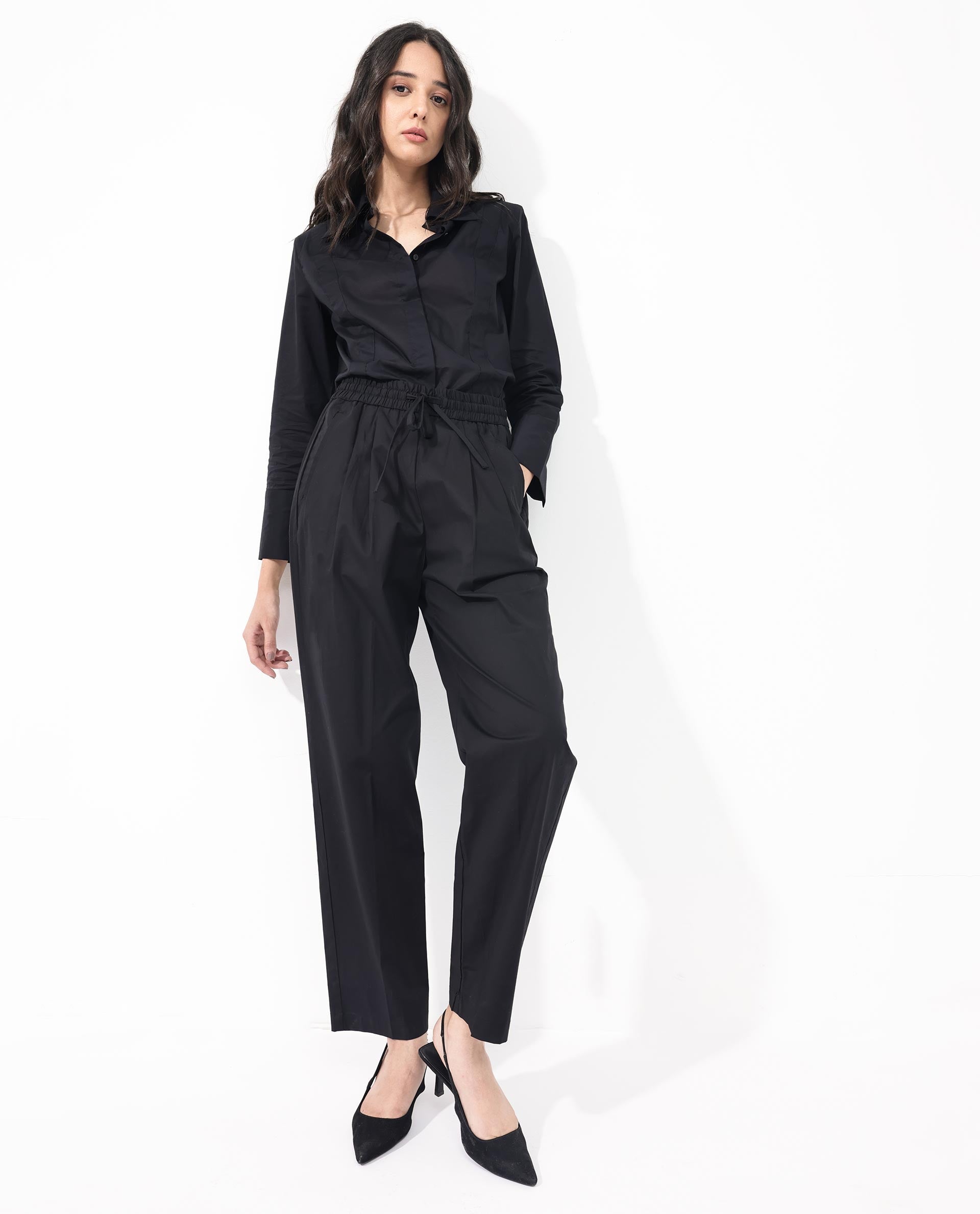 Rareism Women's Juven Black Cotton Plain Ankle Length Tapered Trouser