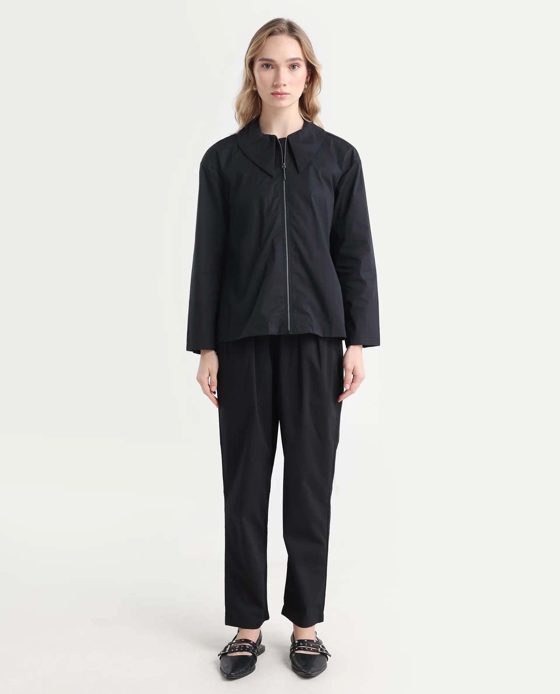 Rareism Women's Juven Black Polyester Blend Plain Ankle Length Tapered Trouser