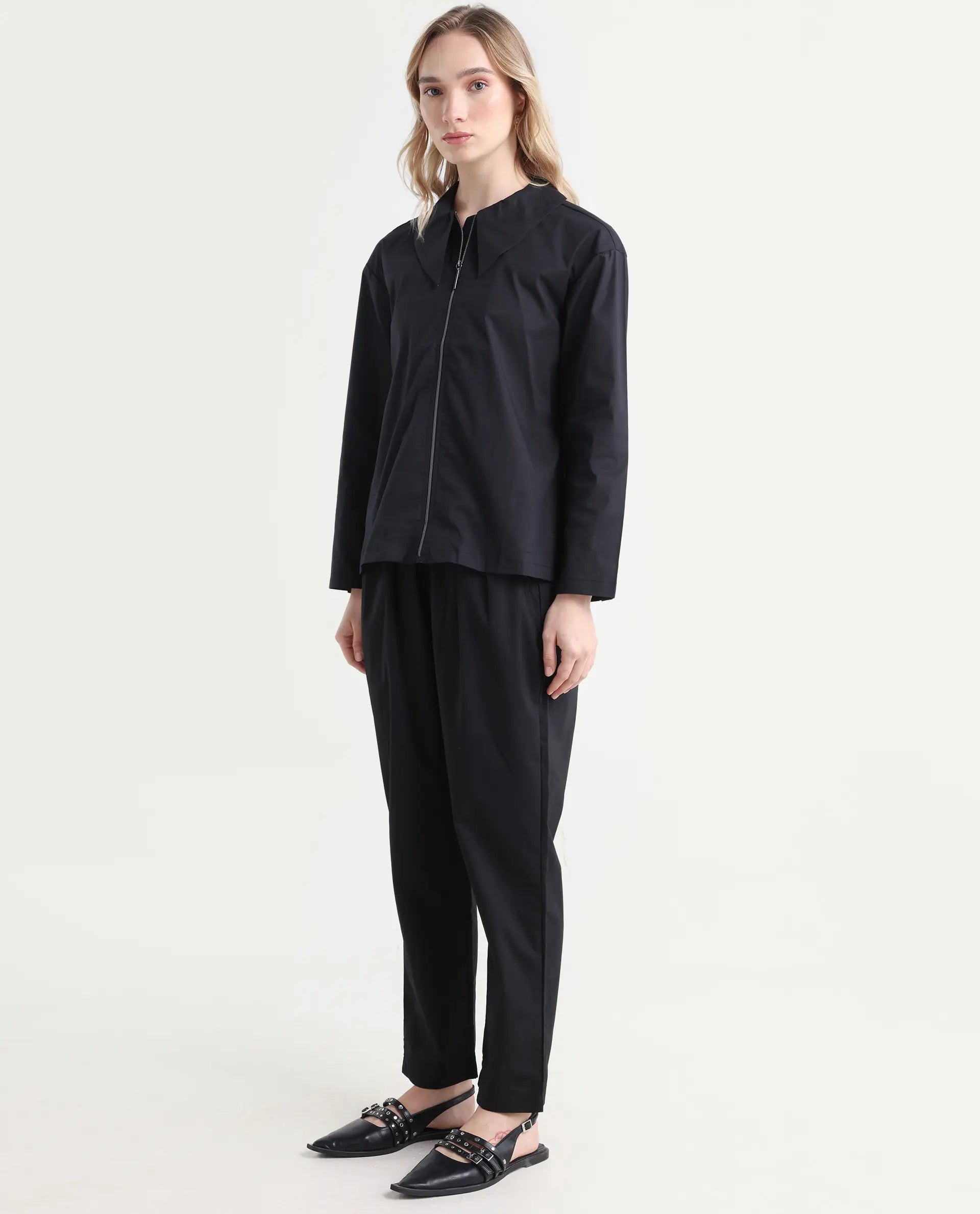 Rareism Women's Juven Black Polyester Blend Plain Ankle Length Tapered Trouser