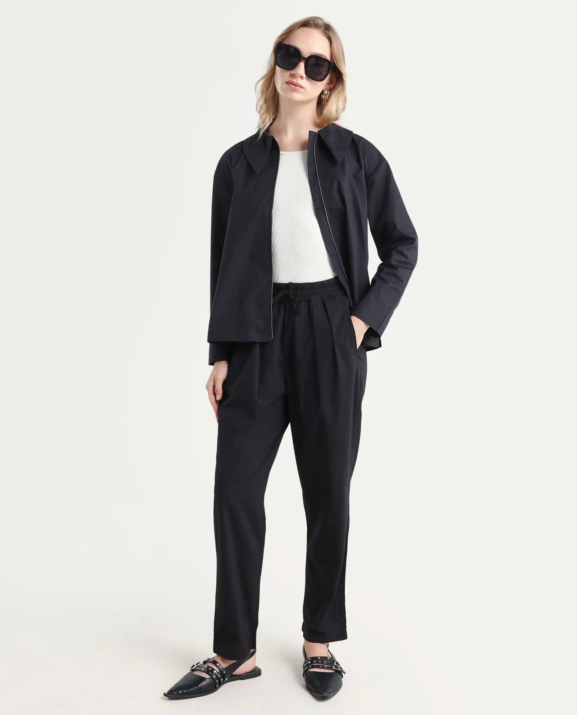 Rareism Women's Juven Black Polyester Blend Plain Ankle Length Tapered Trouser
