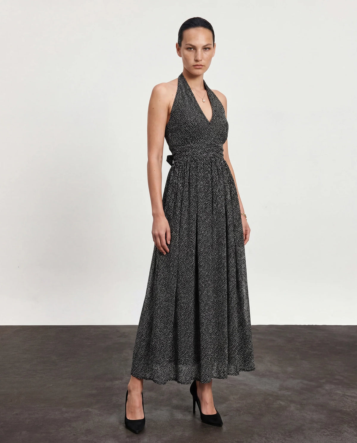 Rareism Women's Janert Black Viscose Halter Neck Polka Print Sleeveless Maxi Fit And Flare Dress
