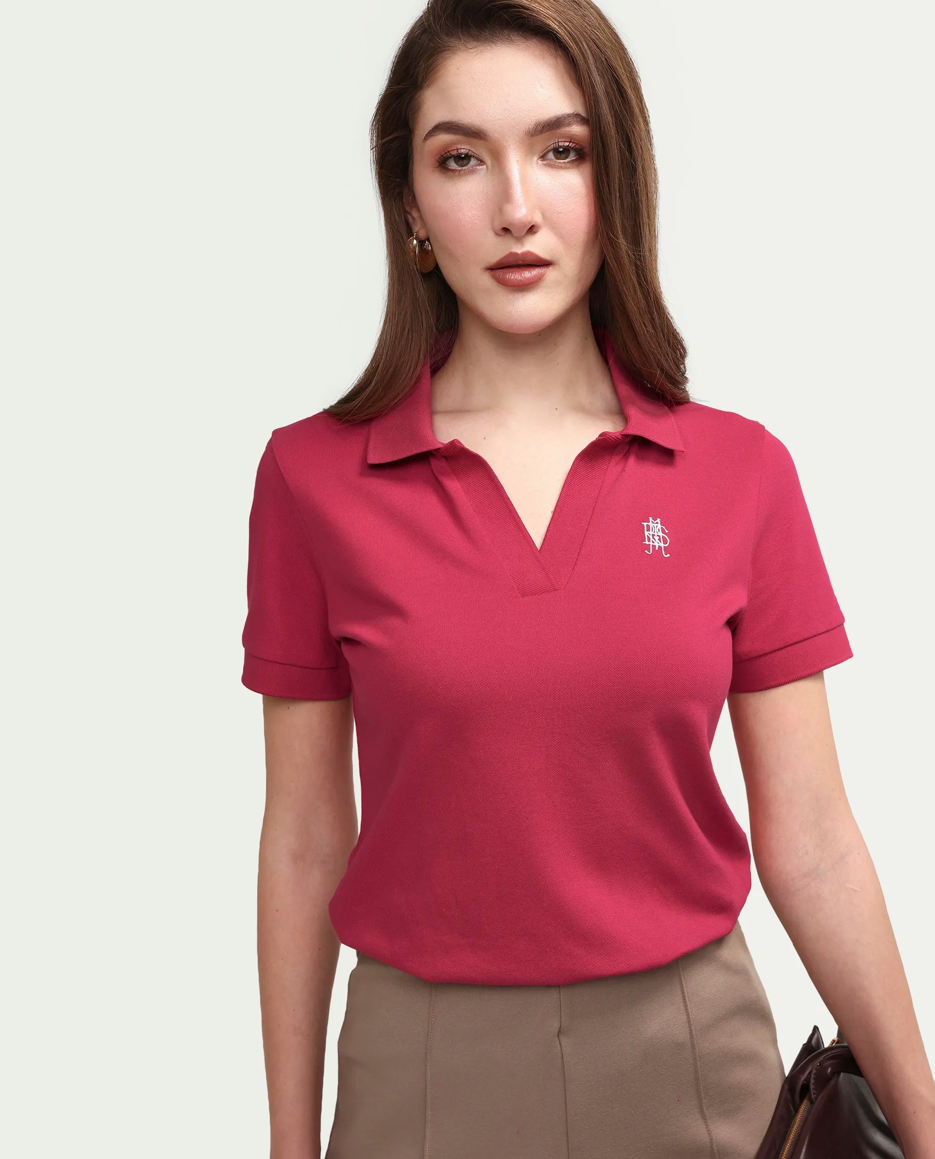 Rareism Women's Zavin Dark Pink Cotton Blend Polo Neck Plain Regular Fit Polo