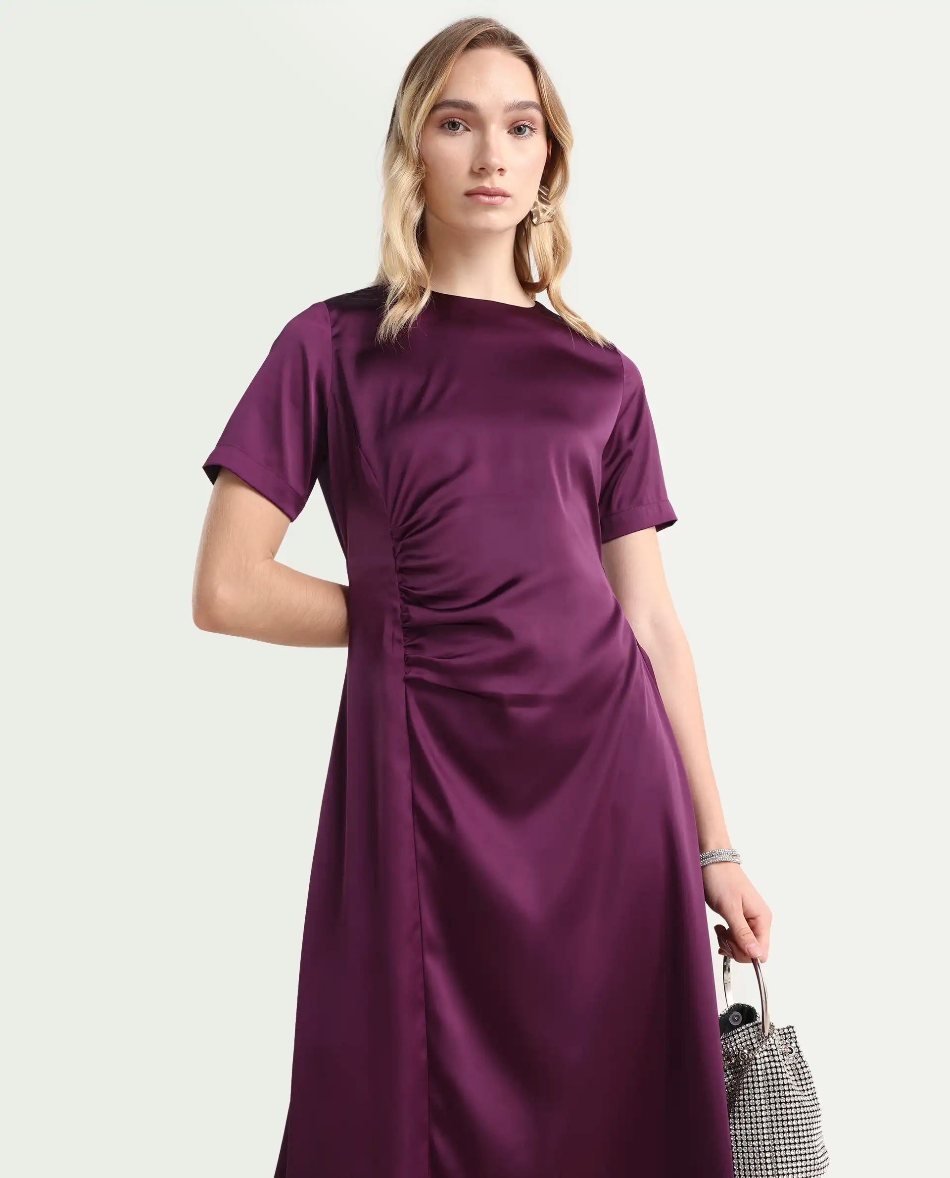 Rareism Women's Jendro Maroon Polyester Fit & Flare Midi Dress