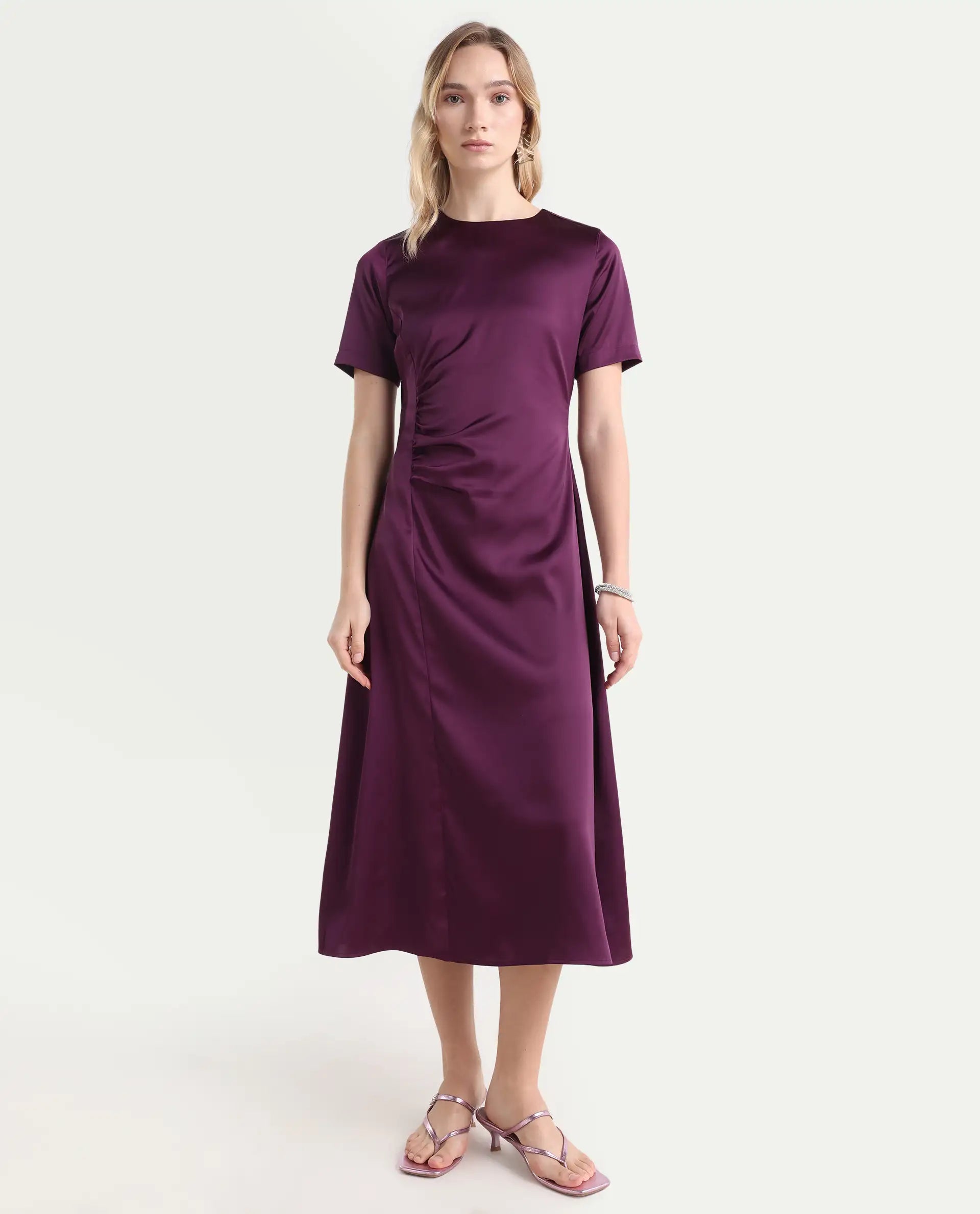 Rareism Women's Jendro Maroon Polyester Fit & Flare Midi Dress
