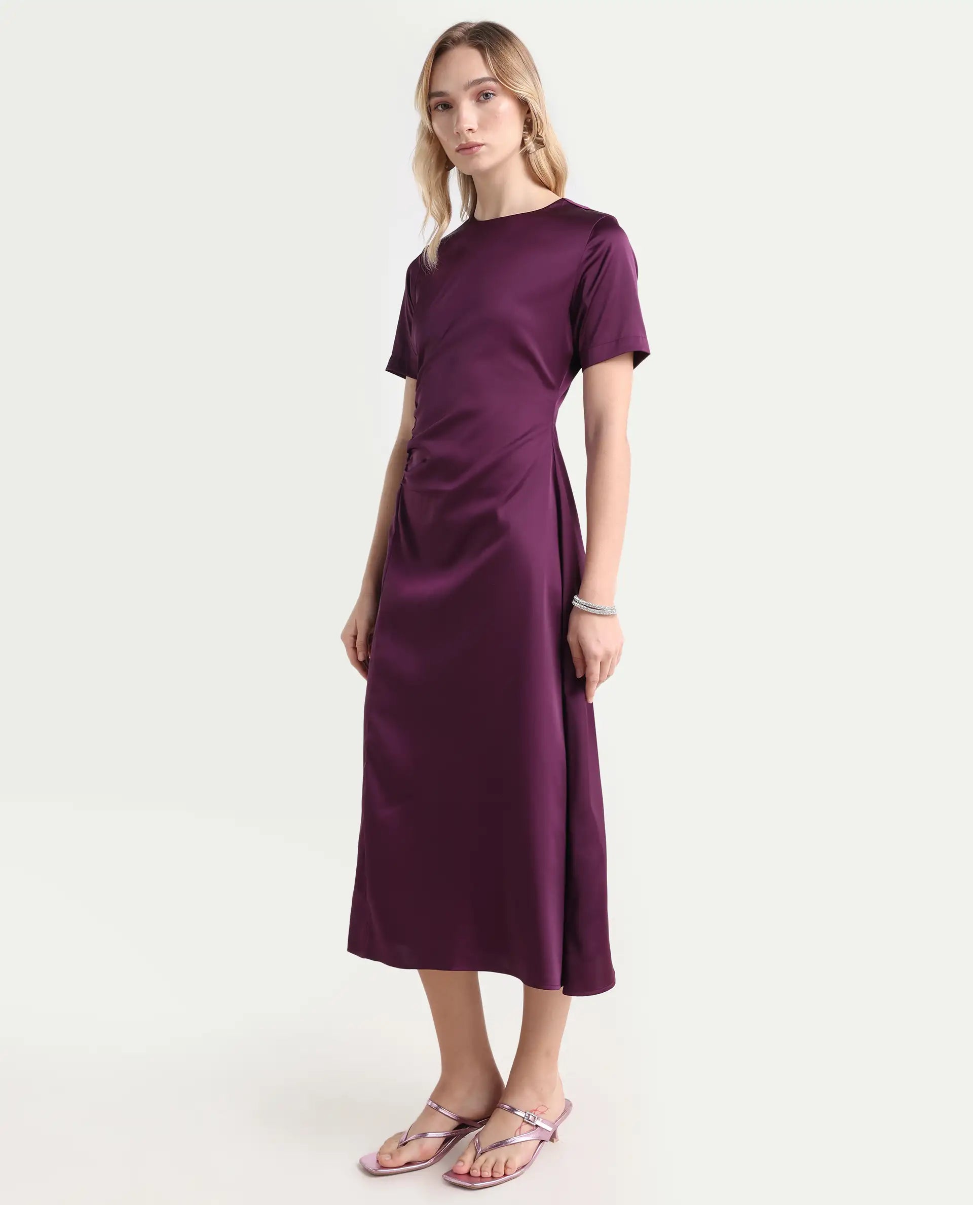 Rareism Women's Jendro Maroon Polyester Fit & Flare Midi Dress