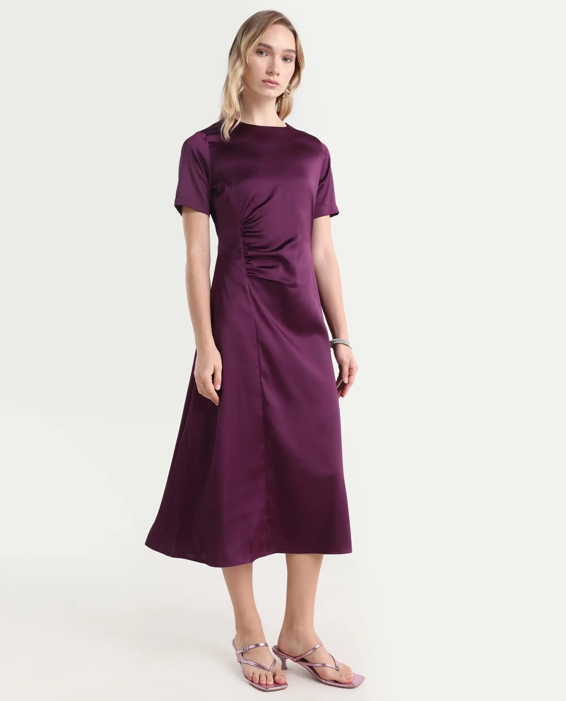Rareism Women's Jendro Maroon Polyester Fit & Flare Midi Dress