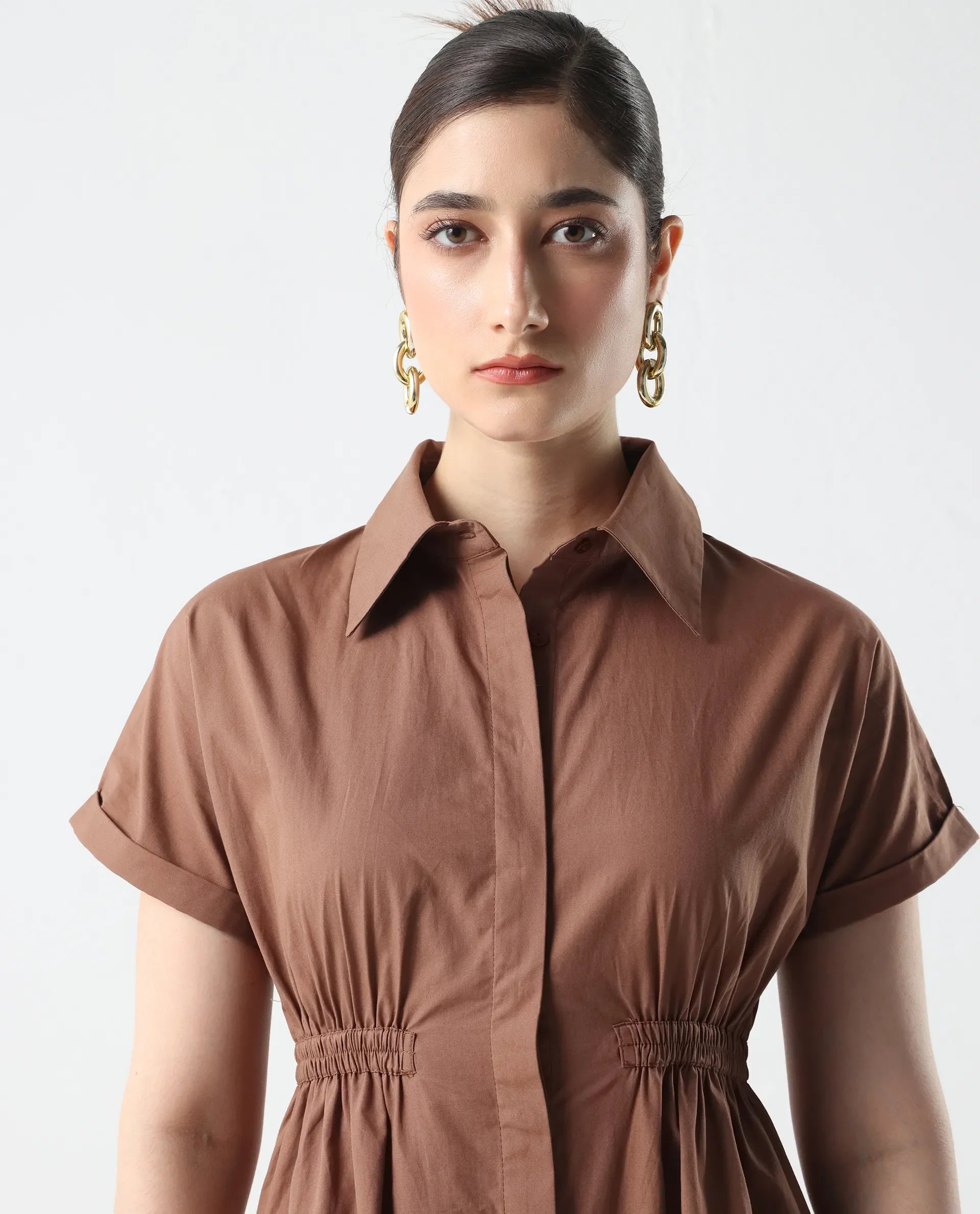 Rareism Women's Julu Light Brown Cotton Collared Neck Fit And Flare Plain Dress