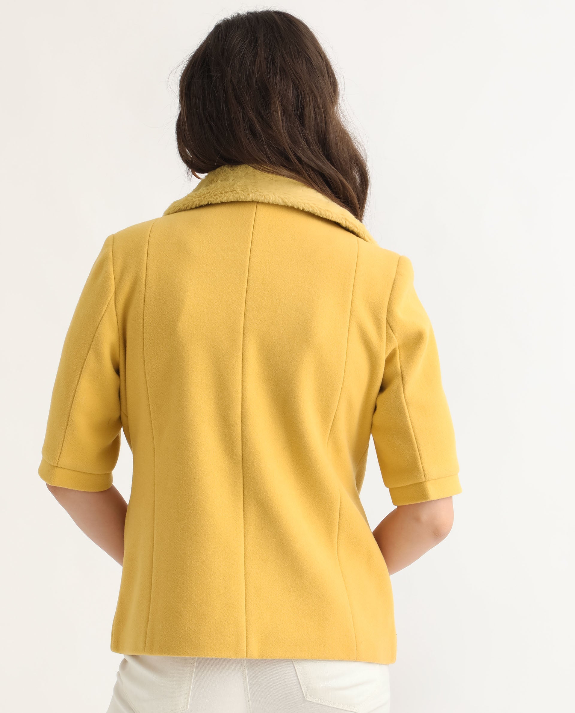 Rareism Women's Kaise Yellow Polyester Spread Collar Plain Bell Sleeve Regular Fit Jacket