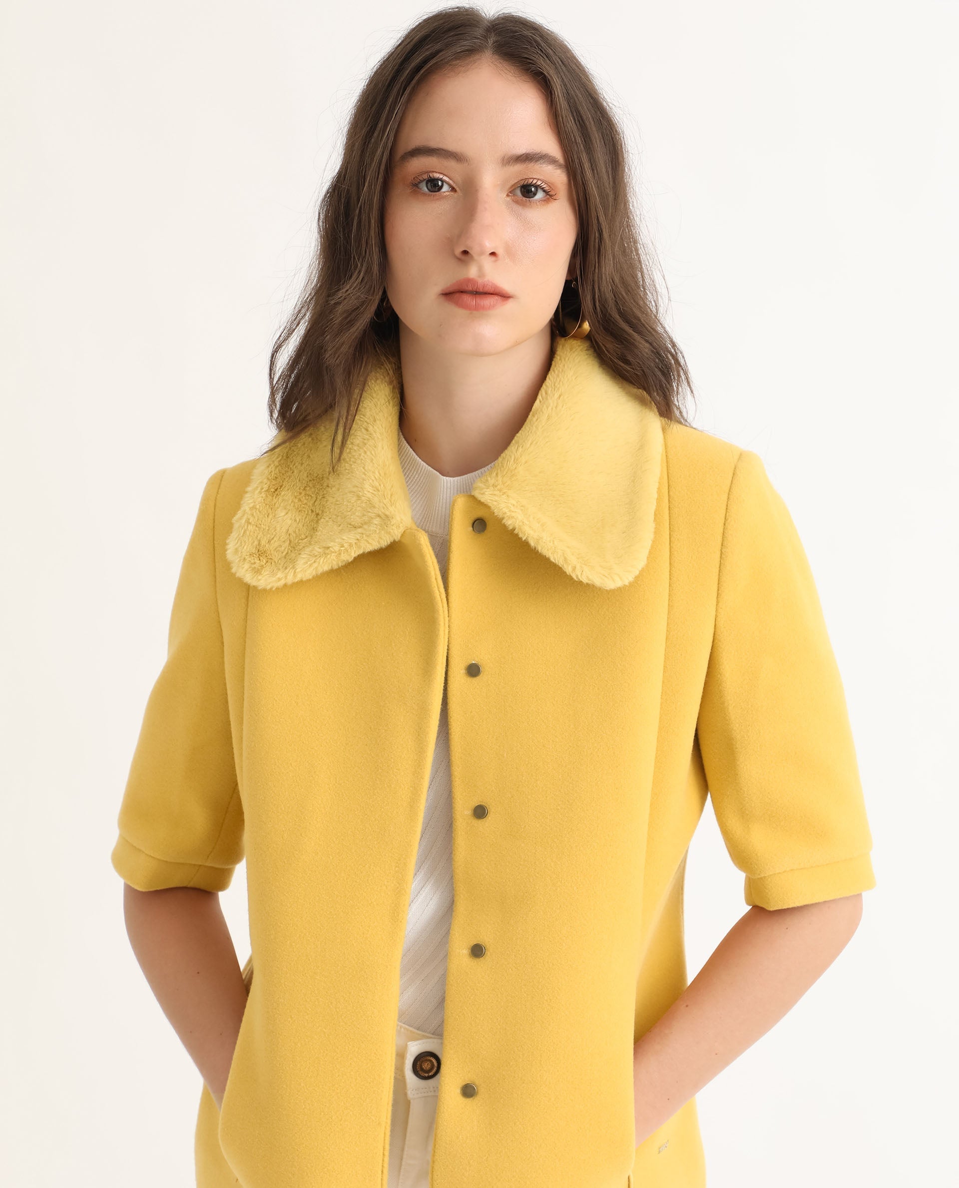 Rareism Women's Kaise Yellow Polyester Spread Collar Plain Bell Sleeve Regular Fit Jacket