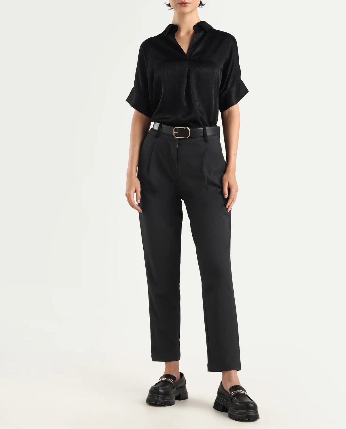 Rareism Women's Kaish Black Polyester Blend Plain Ankle Length Tapered Trouser
