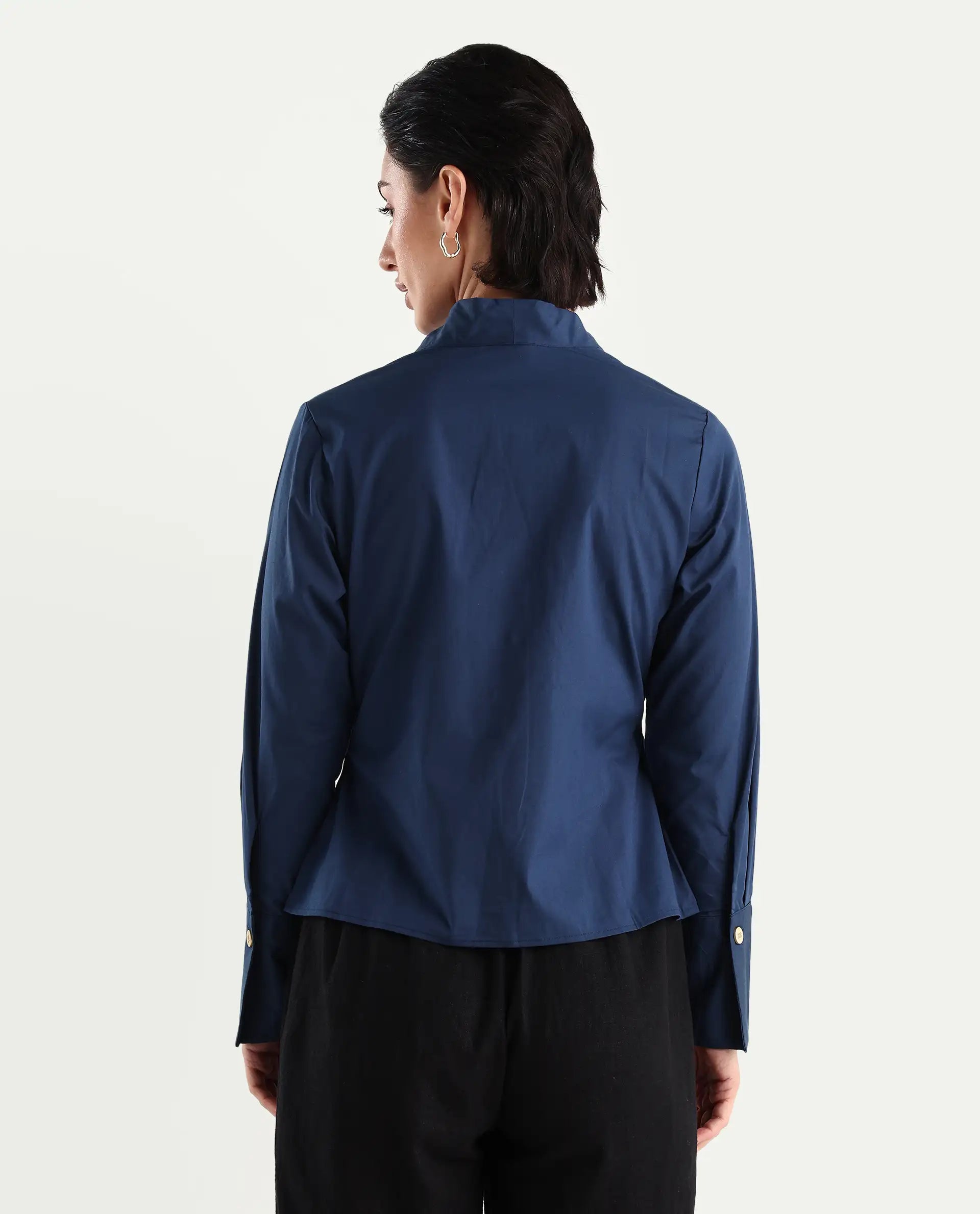 Rareism Women's Kaldo Light Navy Cotton Blend High Neck Plain Crop Regular Fit Top