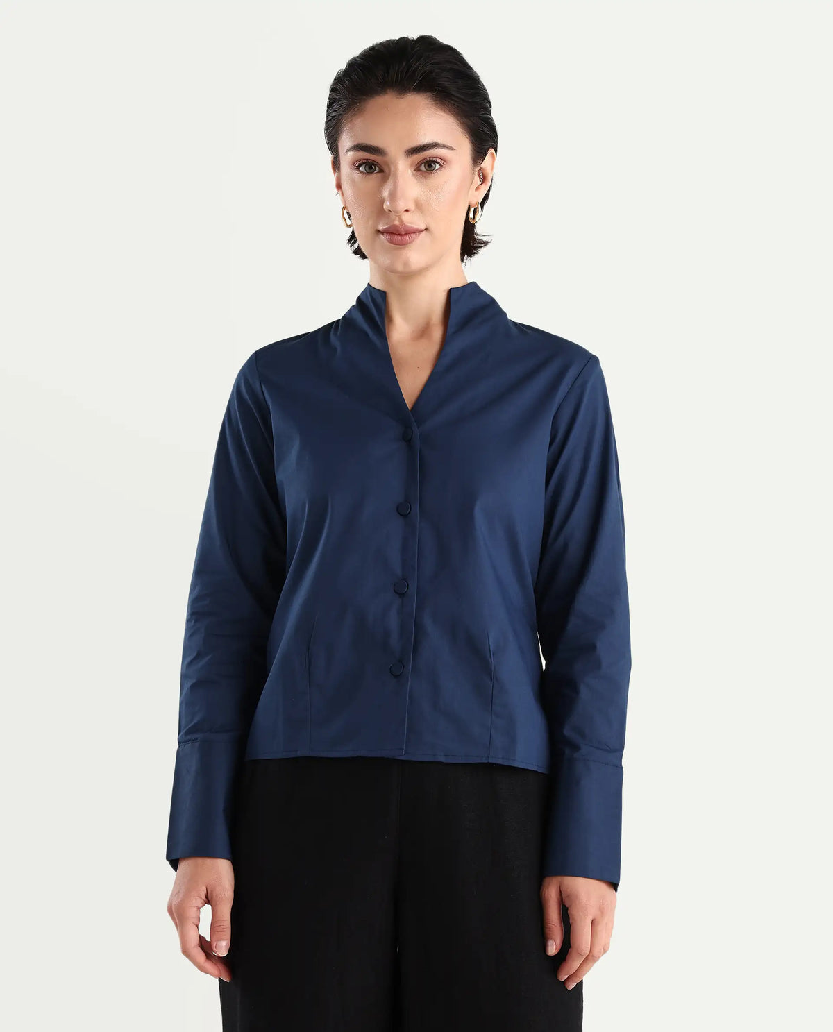 Rareism Women's Kaldo Light Navy Cotton Blend High Neck Plain Crop Regular Fit Top