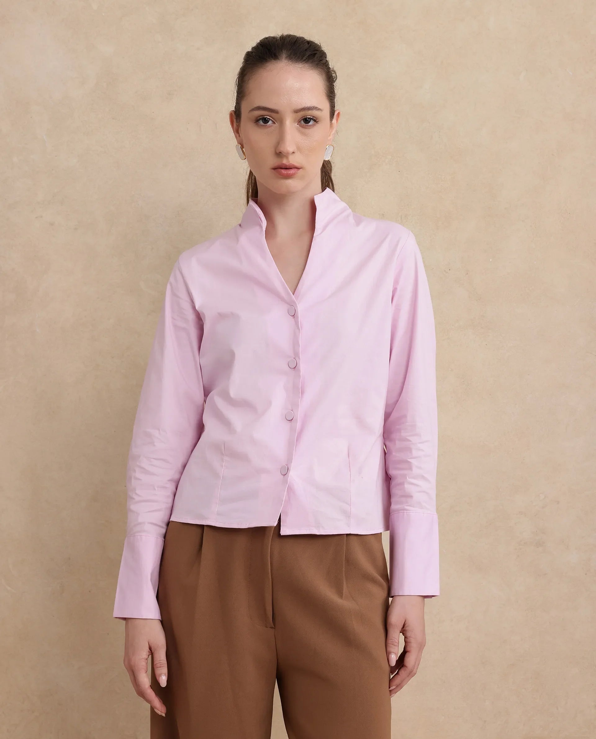 Rareism Women's Kaldo Light Pink Cotton High Neck Plain Crop Regular Fit Shirt