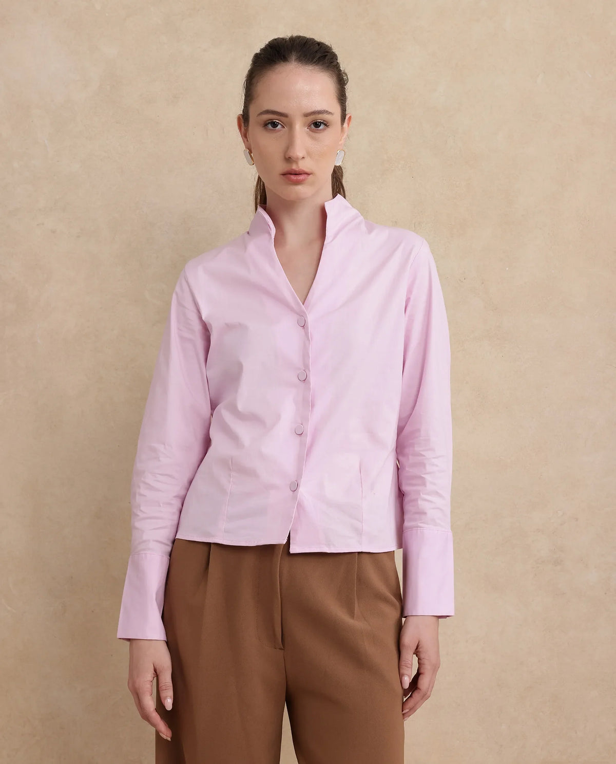 Rareism Women Kaldo Light Pink Cotton Fabric Regular Sleeves High Neck Button Closure Cropped Plain Shirt
