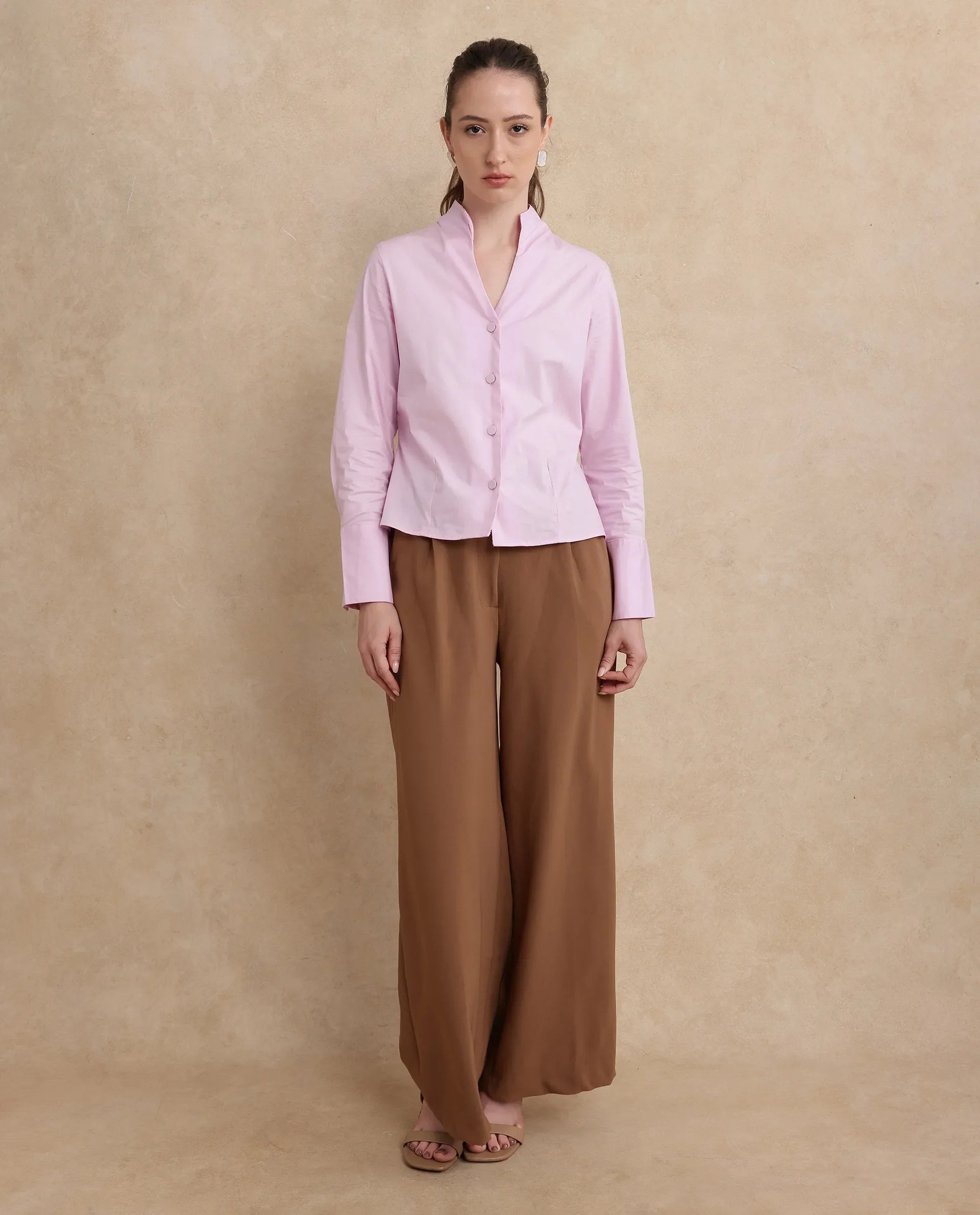 Rareism Women's Kaldo Light Pink Cotton High Neck Plain Crop Regular Fit Shirt