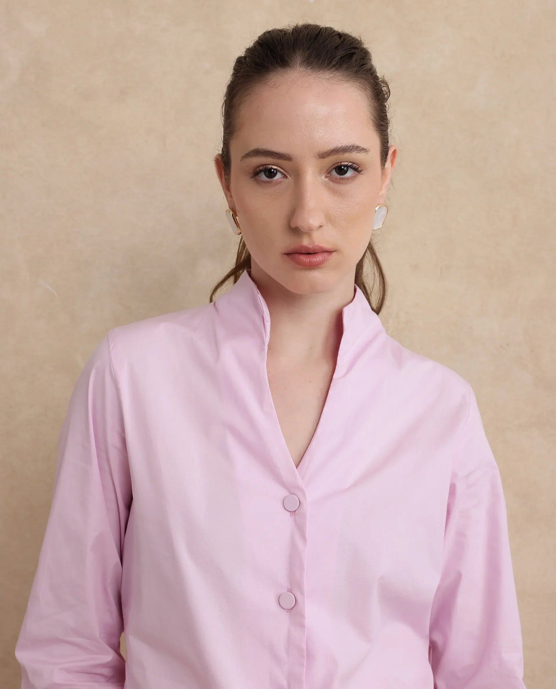 Rareism Women's Kaldo Light Pink Cotton High Neck Plain Crop Regular Fit Shirt