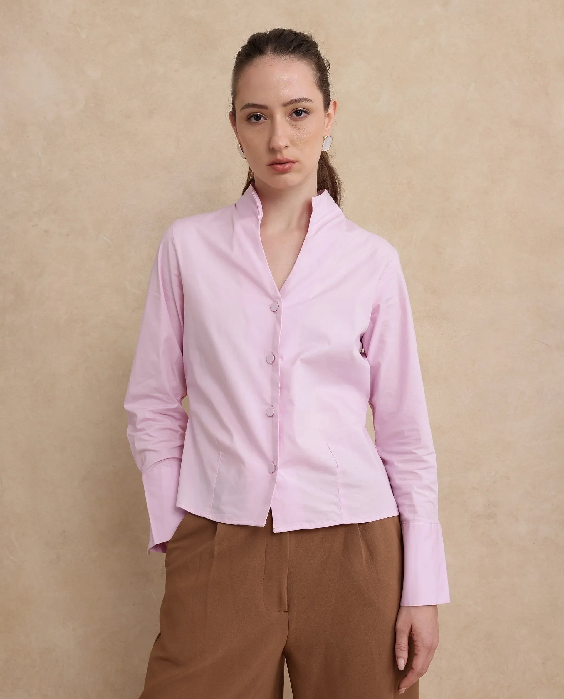 Rareism Women's Kaldo Light Pink Cotton High Neck Plain Crop Regular Fit Shirt