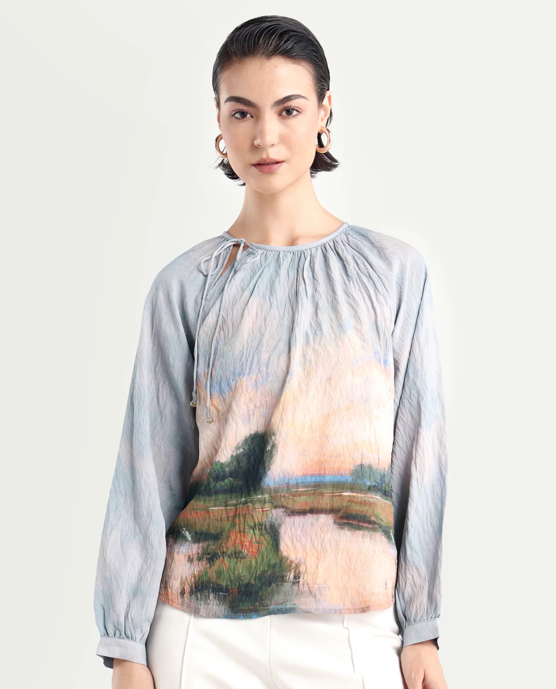 Rareism Women's Kall Multi Cotton Blend Boat Neck Graphic Print Raglan Sleeve Regular Fit Top