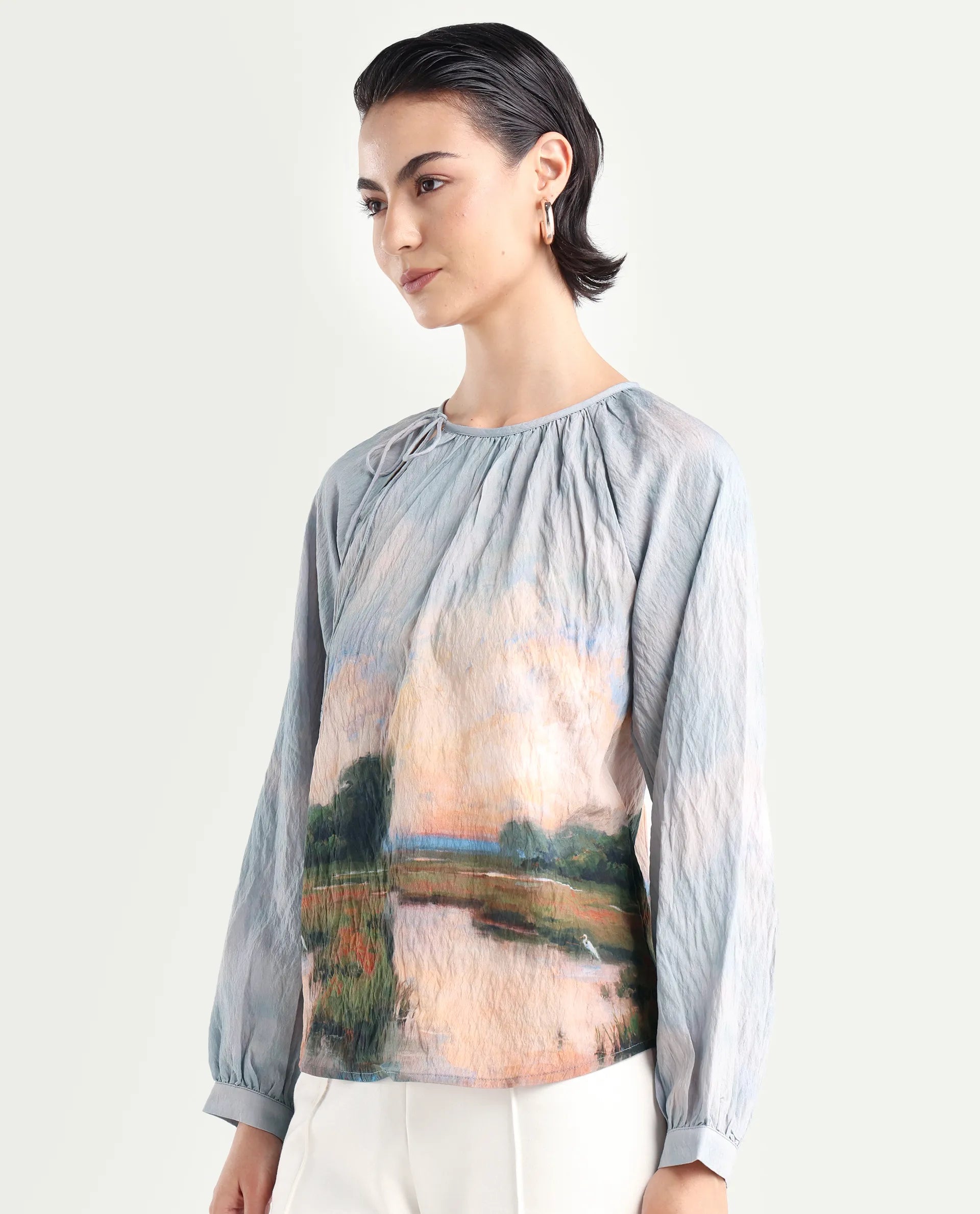 Rareism Women's Kall Multi Cotton Blend Boat Neck Graphic Print Raglan Sleeve Regular Fit Top