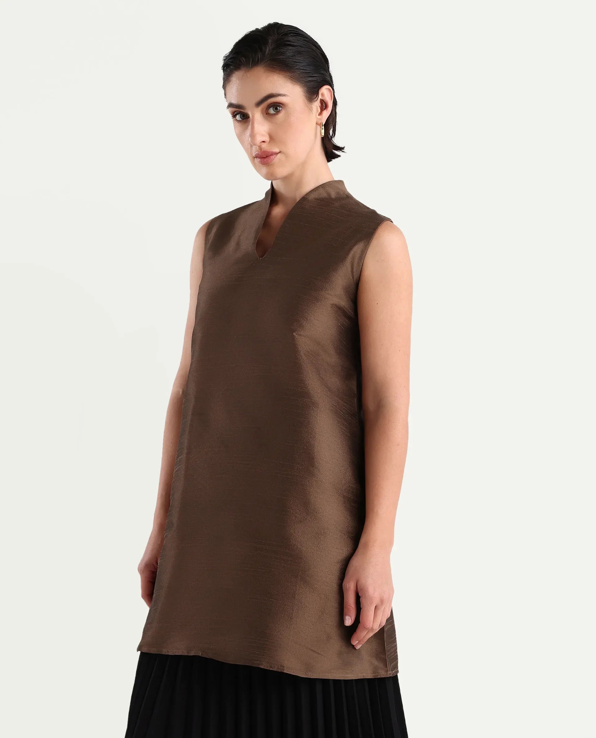 Rareism Women's Kamla Dark Brown Silk V-Neck Plain Sleeveless Knee Length Regular Fit Top